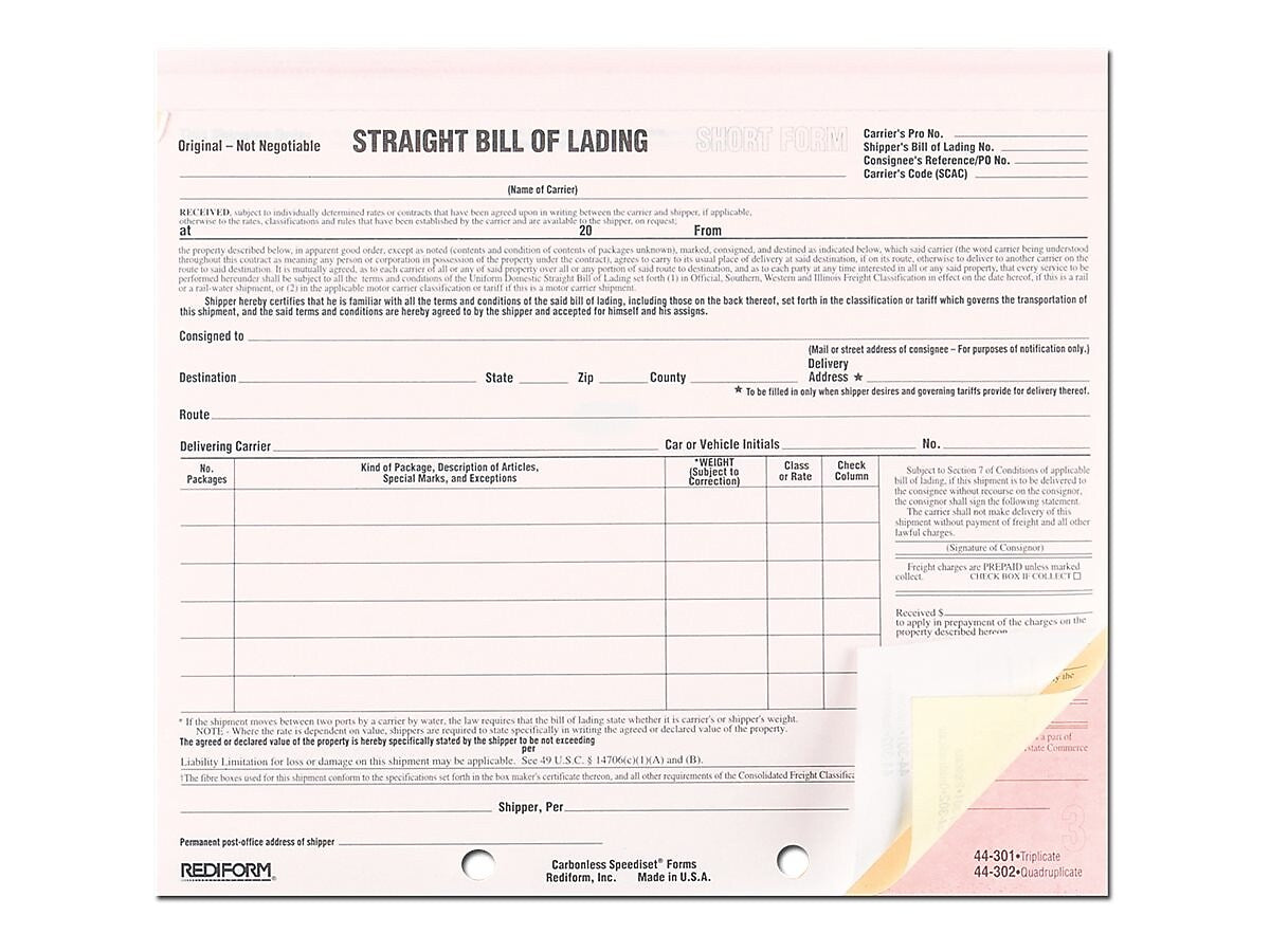 Rediform Snap-A-Way 3-Part Carbonless Bill of Lading, 7