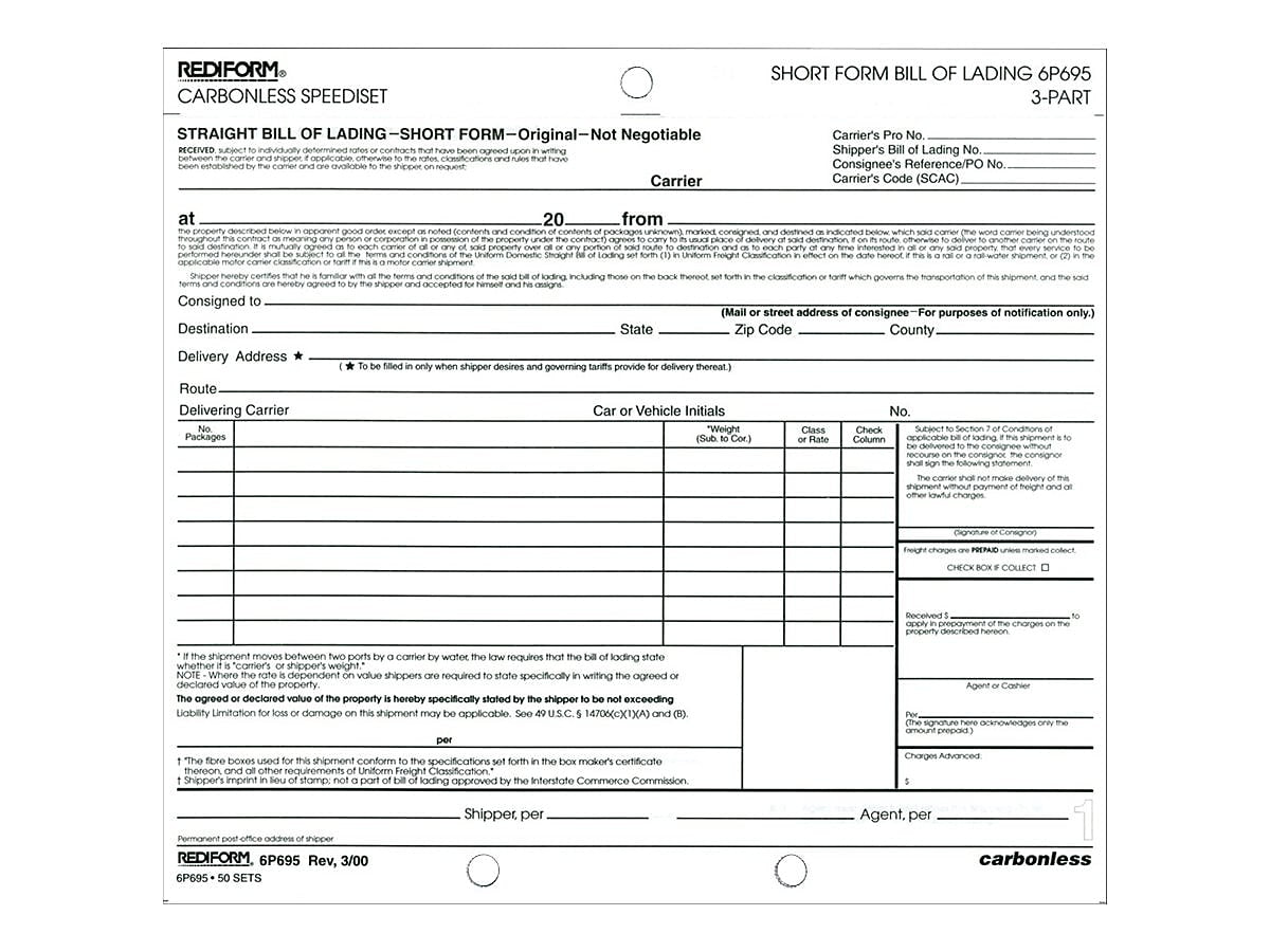 Rediform Speediset Polypacks 3-Part Carbonless Bill of Lading, 7