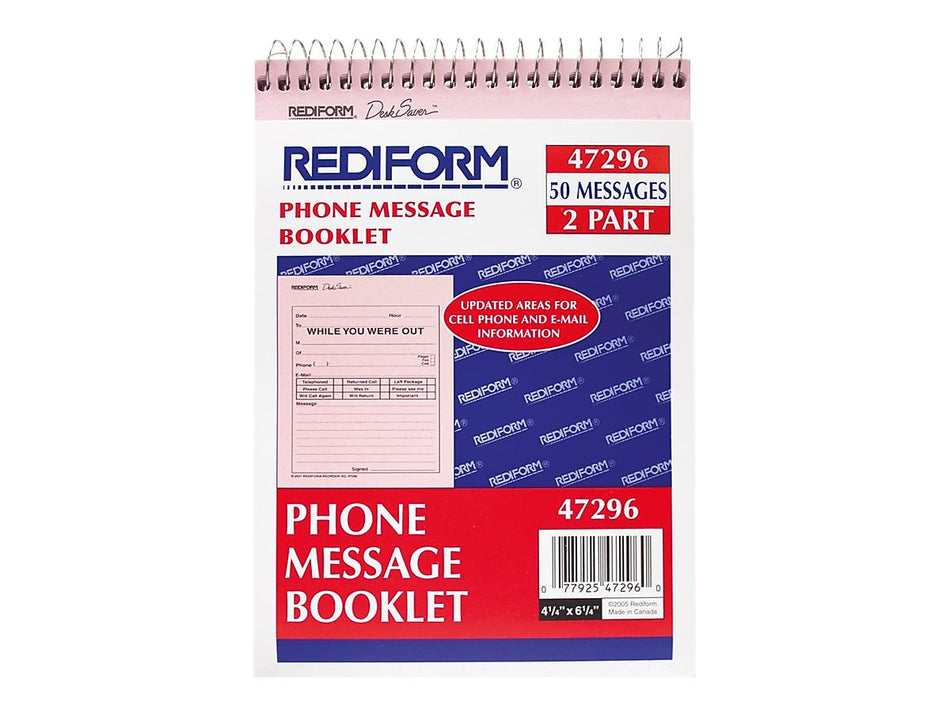 Rediform While You Were Out Message Pad, 4.25" x 6.25", Unruled, Pink, 50 Sheets/Pad