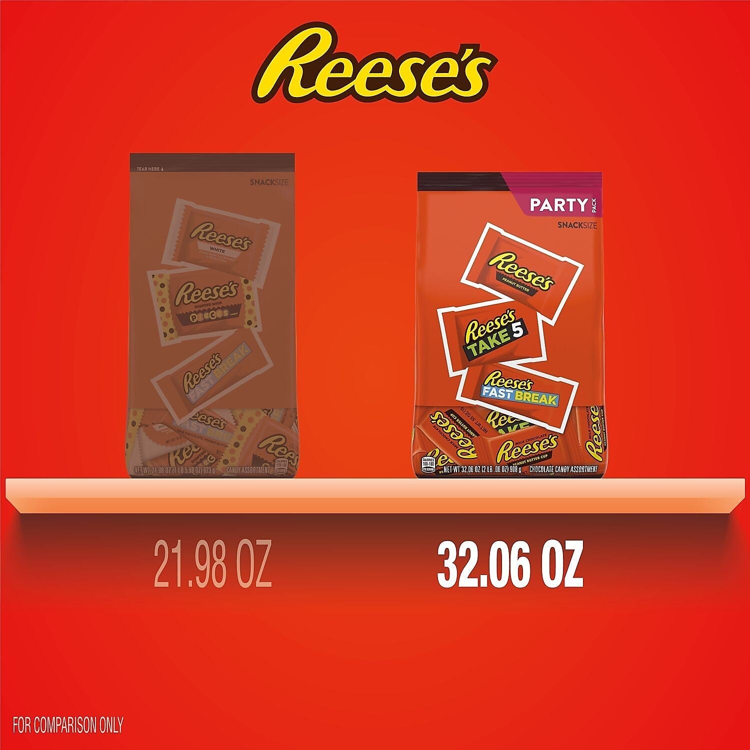 REESE'S Milk Chocolate Peanut Butter Assortment Snack Size Candy, Individually Wrapped, 32.06 oz, Bulk Party Bag