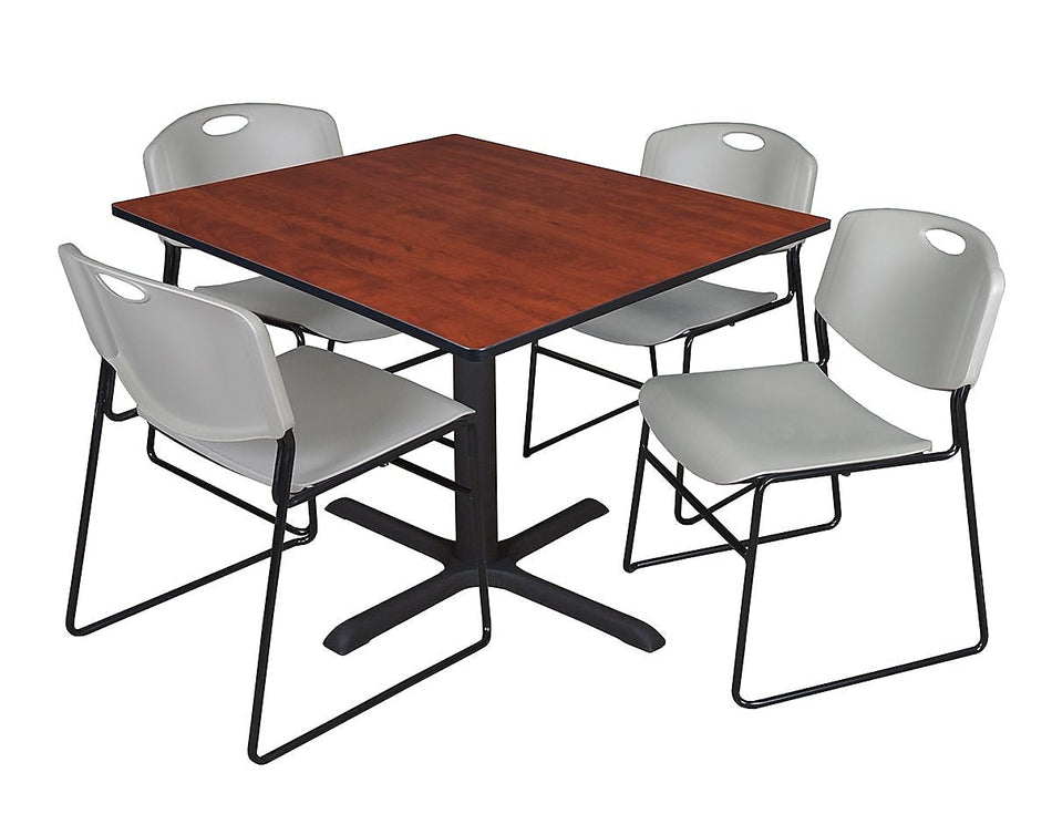 Regency 48-inch Square Laminate Cherry Table with 4 Zeng Stack Chairs, Gray