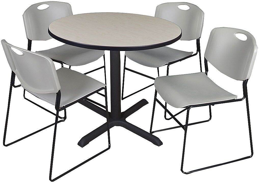 Regency Seating Cain 42" Round Breakroom Table- Maple & 4 Zeng Stack Chairs- Grey