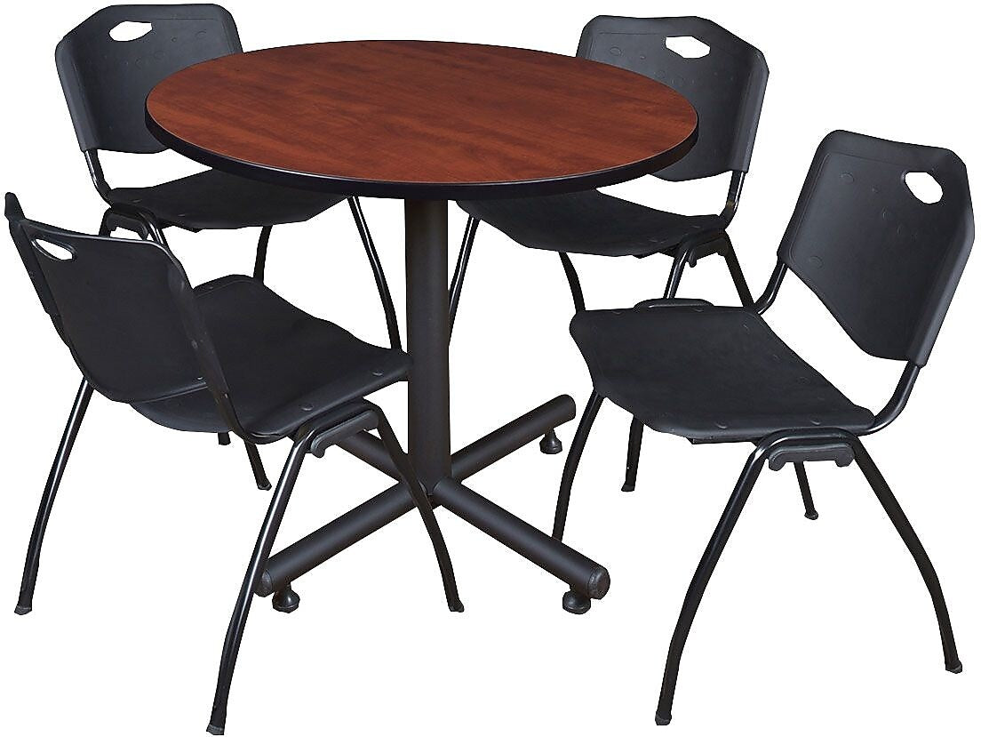 Regency Seating Kobe 42" Round Breakroom Table- Cherry & 4 'M' Stack Chairs- Black