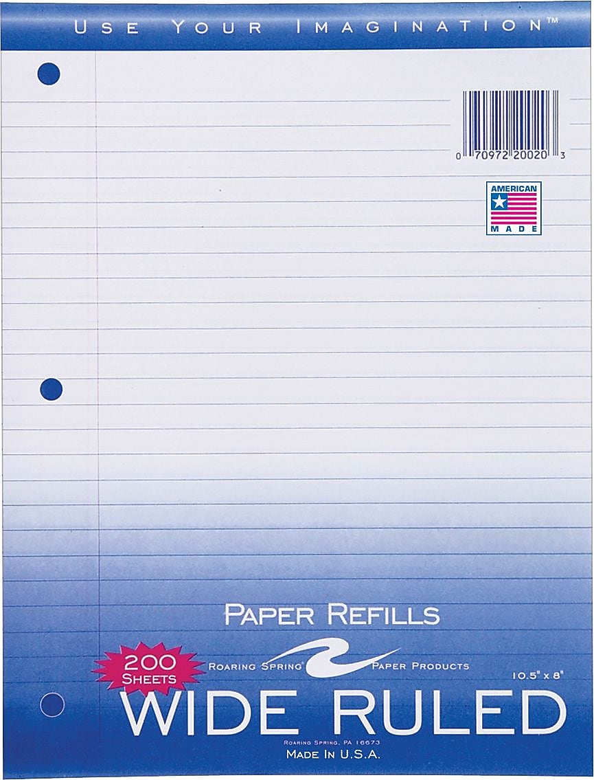 Roaring Spring Paper Products Wide Ruled Filler Paper, 8" x 10.5", 3-Hole Punched, 200 Sheets/Pack