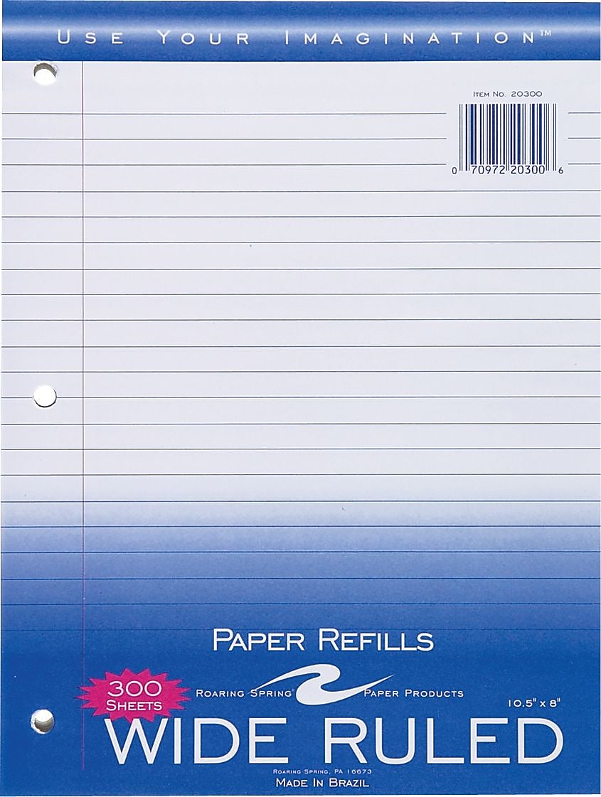 Roaring Spring Paper Products Wide Ruled Filler Paper, 8" x 10.5", 3-Hole Punched, 300 Sheets/Pack