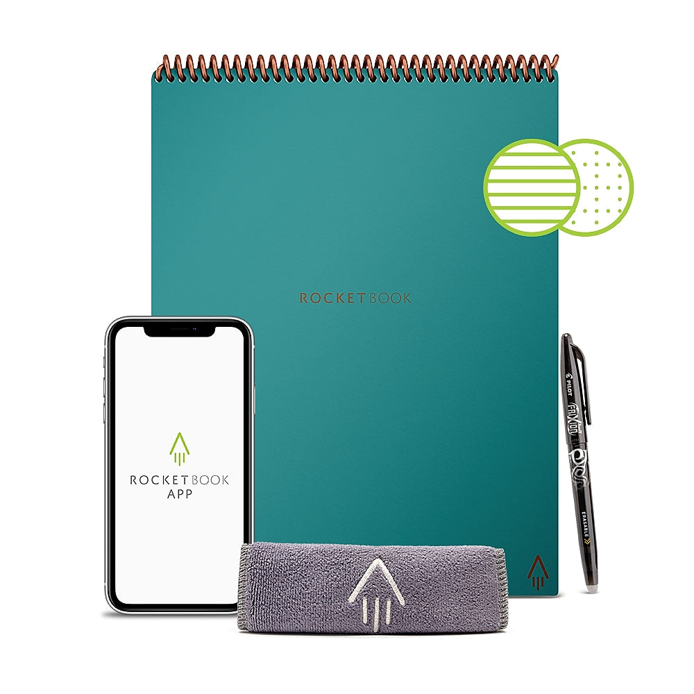 Rocketbook Flip Reusable Smart Notepad, 8.5" x 11", Lined & Dot Grid Ruled, 32 Pages, Teal