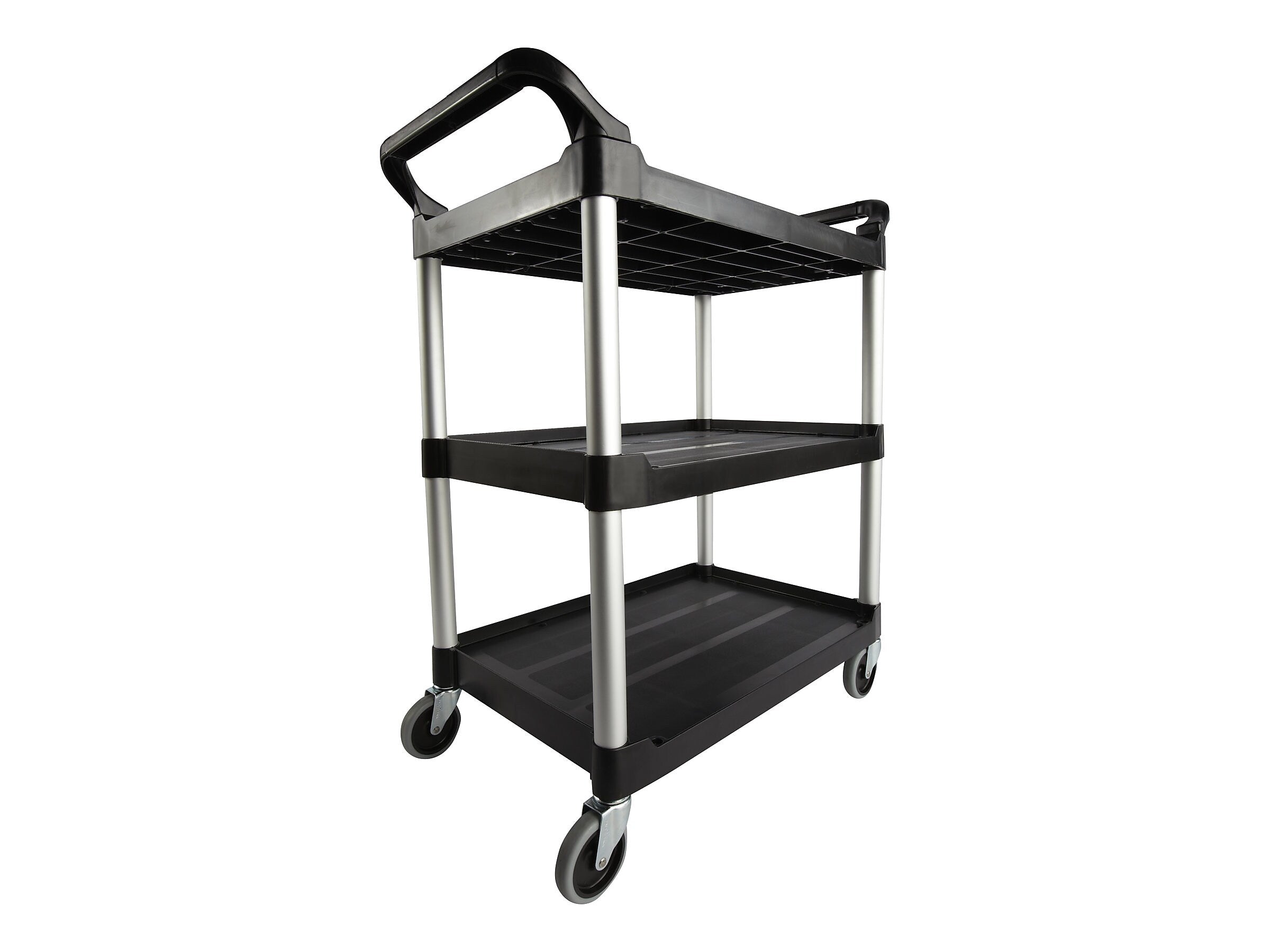 Rubbermaid 3-Shelf Plastic/Poly Mobile Utility Cart with Swivel Wheels, Black