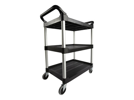 Rubbermaid 3-Shelf Plastic/Poly Mobile Utility Cart with Swivel Wheels, Black