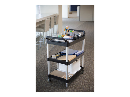 Rubbermaid 3-Shelf Plastic/Poly Mobile Utility Cart with Swivel Wheels, Black