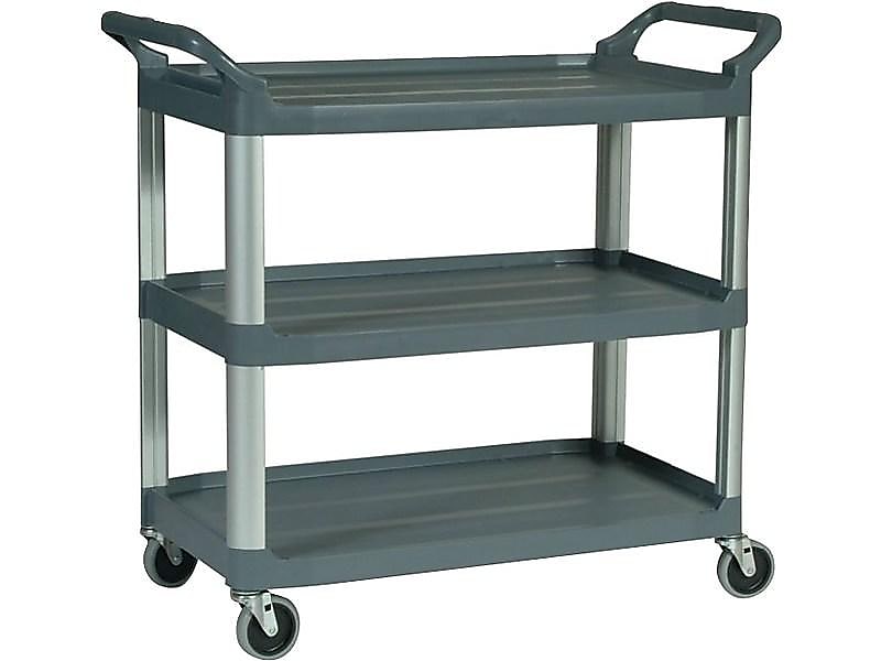 Rubbermaid 3-Shelf Plastic/Poly Mobile Utility Cart with Swivel Wheels, Gray