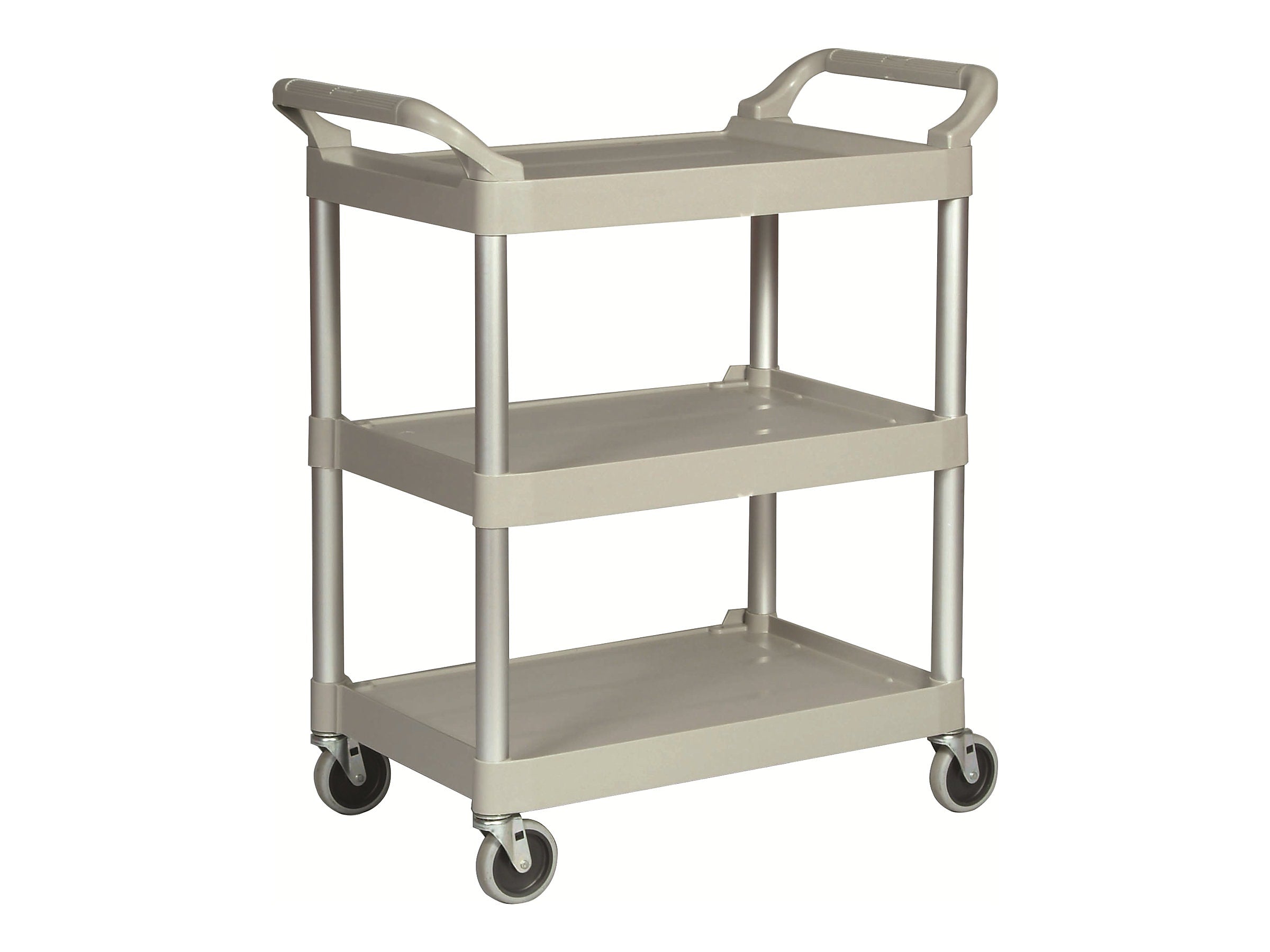 Rubbermaid 3-Shelf Plastic/Poly Mobile Utility Cart with Swivel Wheels, Platinum