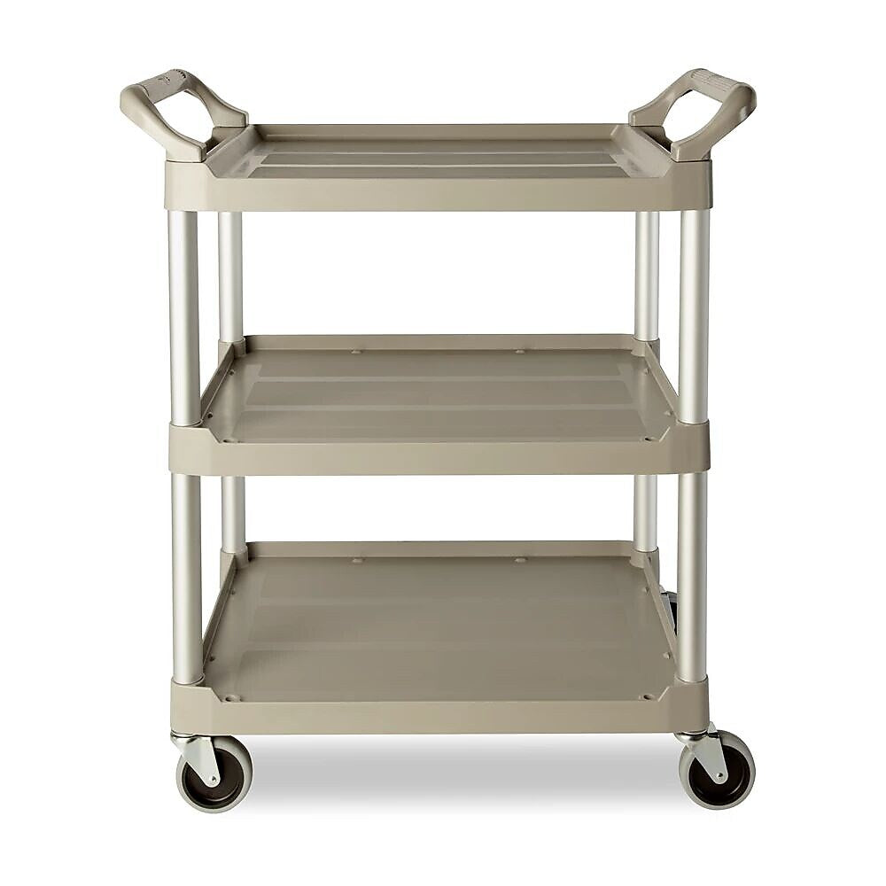 Rubbermaid 3-Shelf Plastic/Poly Mobile Utility Cart with Swivel Wheels, Platinum