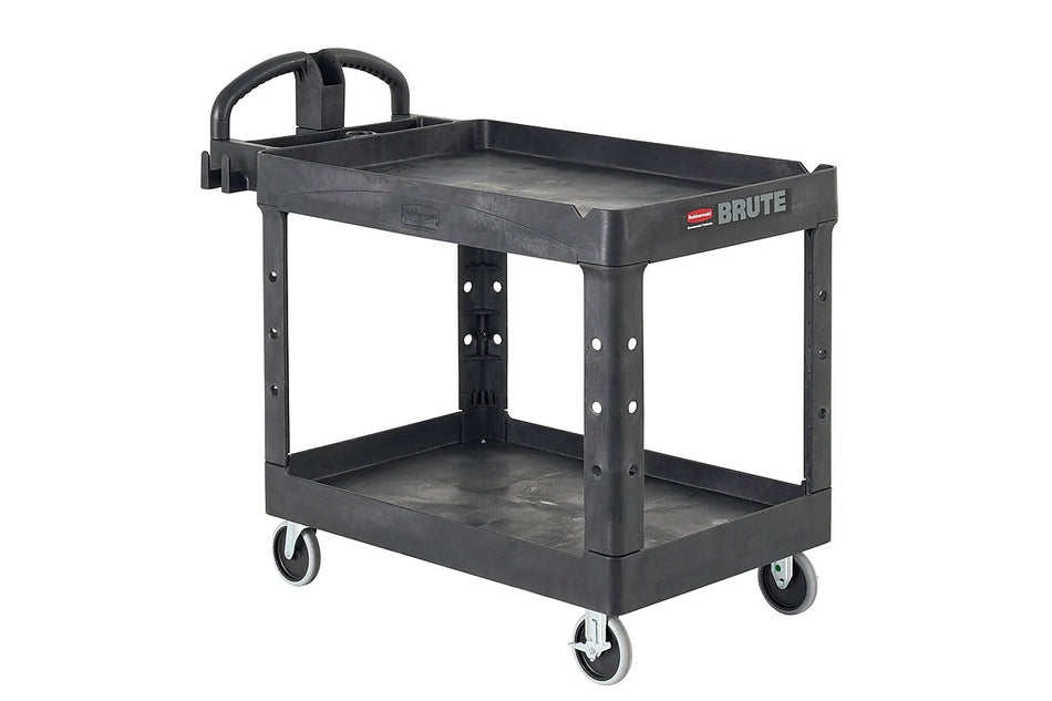 Rubbermaid Heavy Duty 2-Shelf Plastic/Poly Mobile Utility Cart with Lockable Wheels, Black