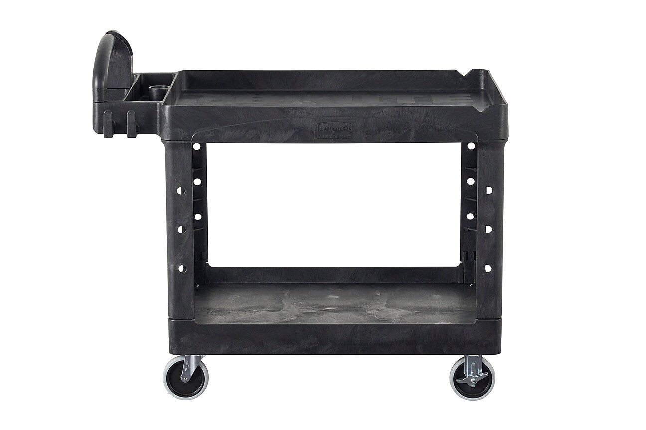 Rubbermaid Heavy Duty 2-Shelf Plastic/Poly Mobile Utility Cart with Lockable Wheels, Black