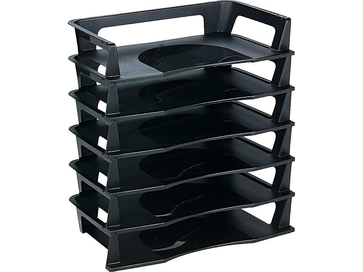 Rubbermaid Regeneration Stackable Side Loading Letter Trays, Letter Size, Black Plastic, 6/Pack