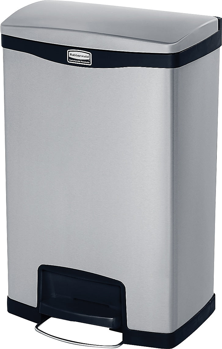 Rubbermaid Slim Jim Stainless Steel Front Step-On Trash Can with Single Rigid Plastic Liner, 13 Gallons