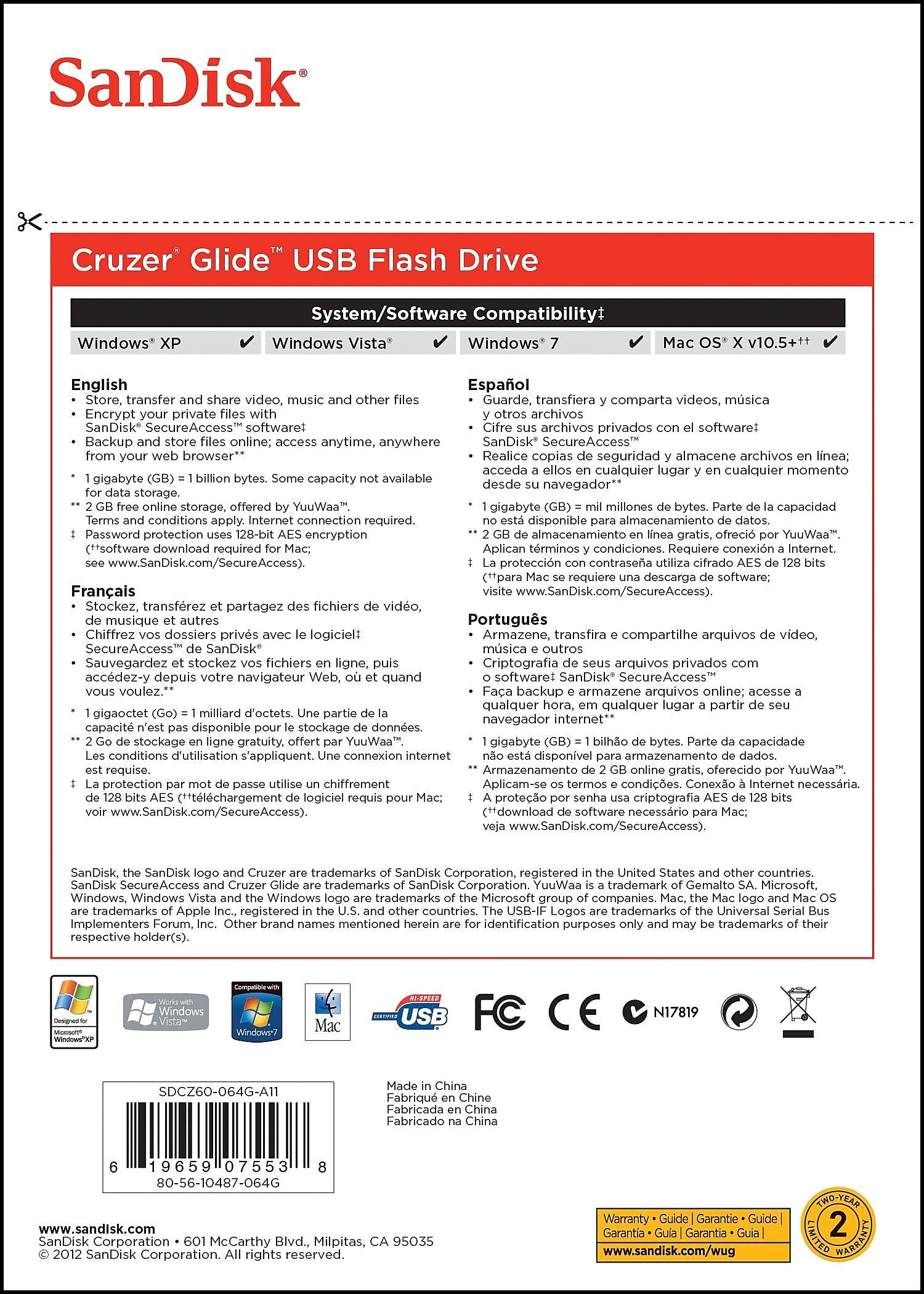 SanDisk Cruzer Glide 128GB USB 2.0 Type A Flash Drive, Black/Red