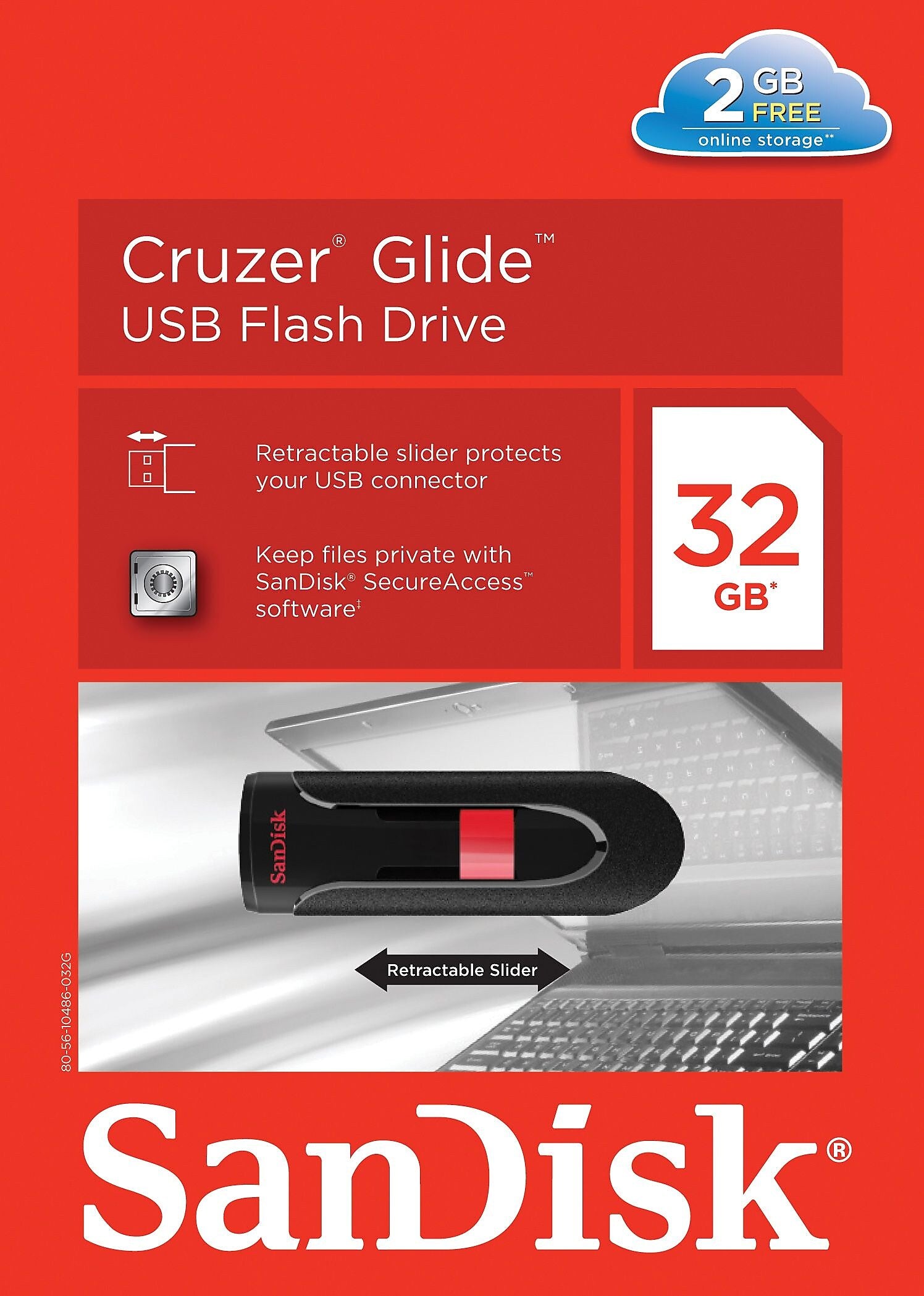 SanDisk Cruzer Glide 32GB USB 2.0 Type A Flash Drive, Black/Red