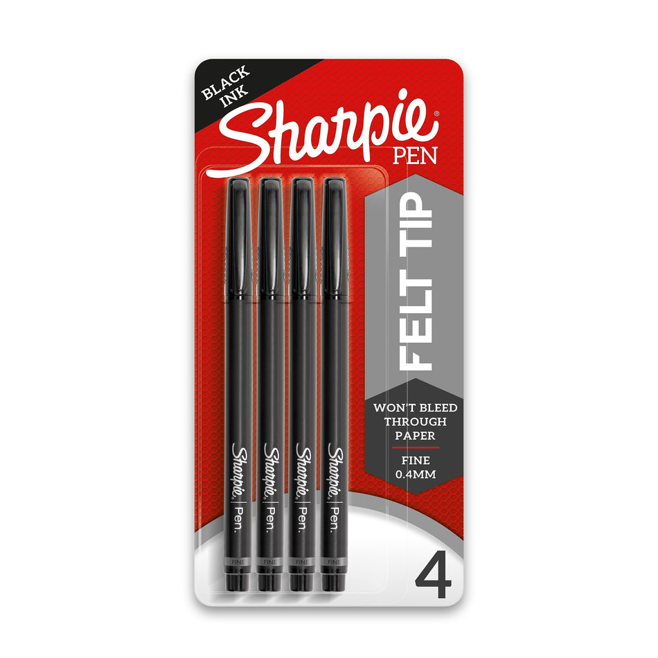 Sanford Sharpie® Porous Point Pens, Fine Point, 0.3 mm, Black Ink / Black and Gray Barrel, 4/Pk