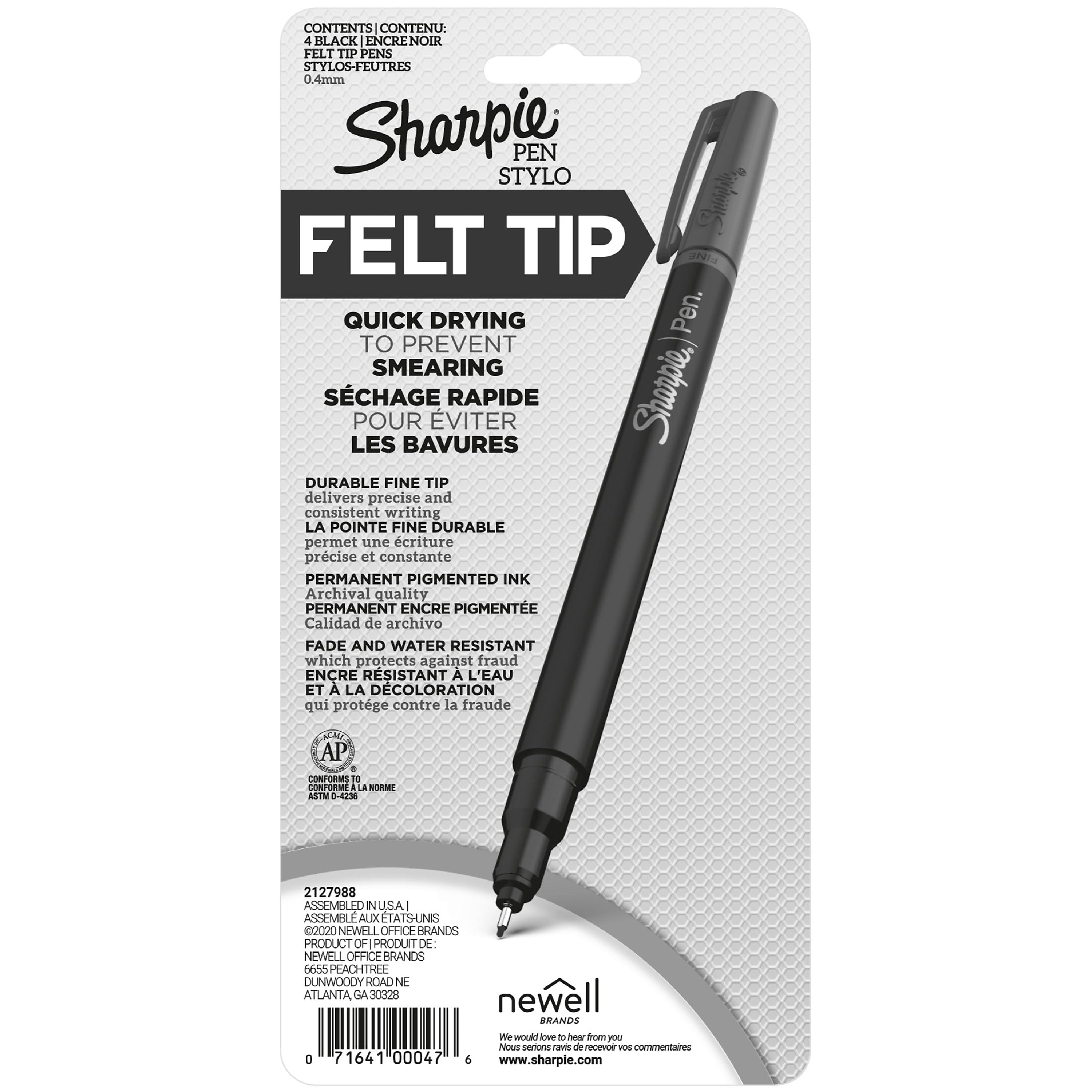 Sanford Sharpie® Porous Point Pens, Fine Point, 0.3 mm, Black Ink / Black and Gray Barrel, 4/Pk