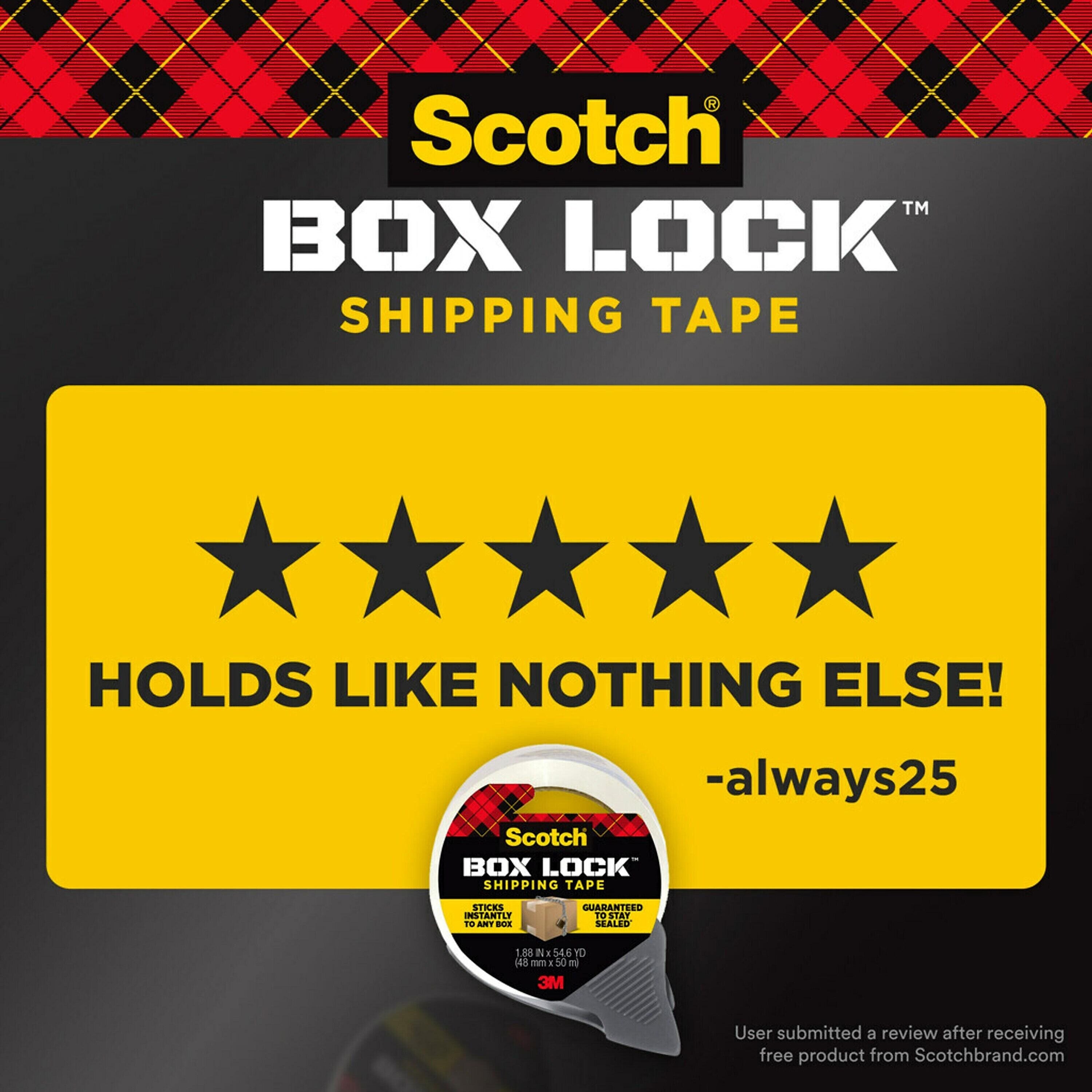 Scotch Box Lock Heavy Duty Packing Tape with Dispenser, 1.88" x 22.2 yds., Clear