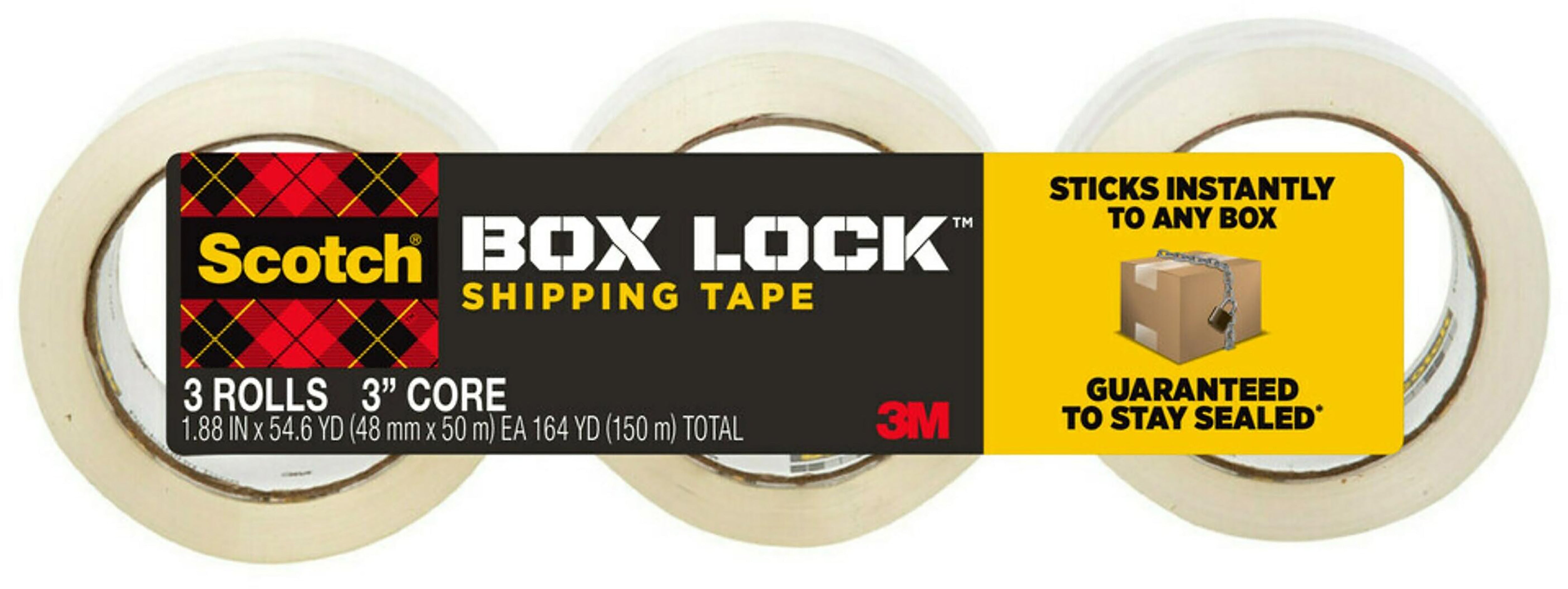 Scotch Box Lock Shipping Packing Tape, 1.88 in x 54.6 yds., Clear, 3/Pack