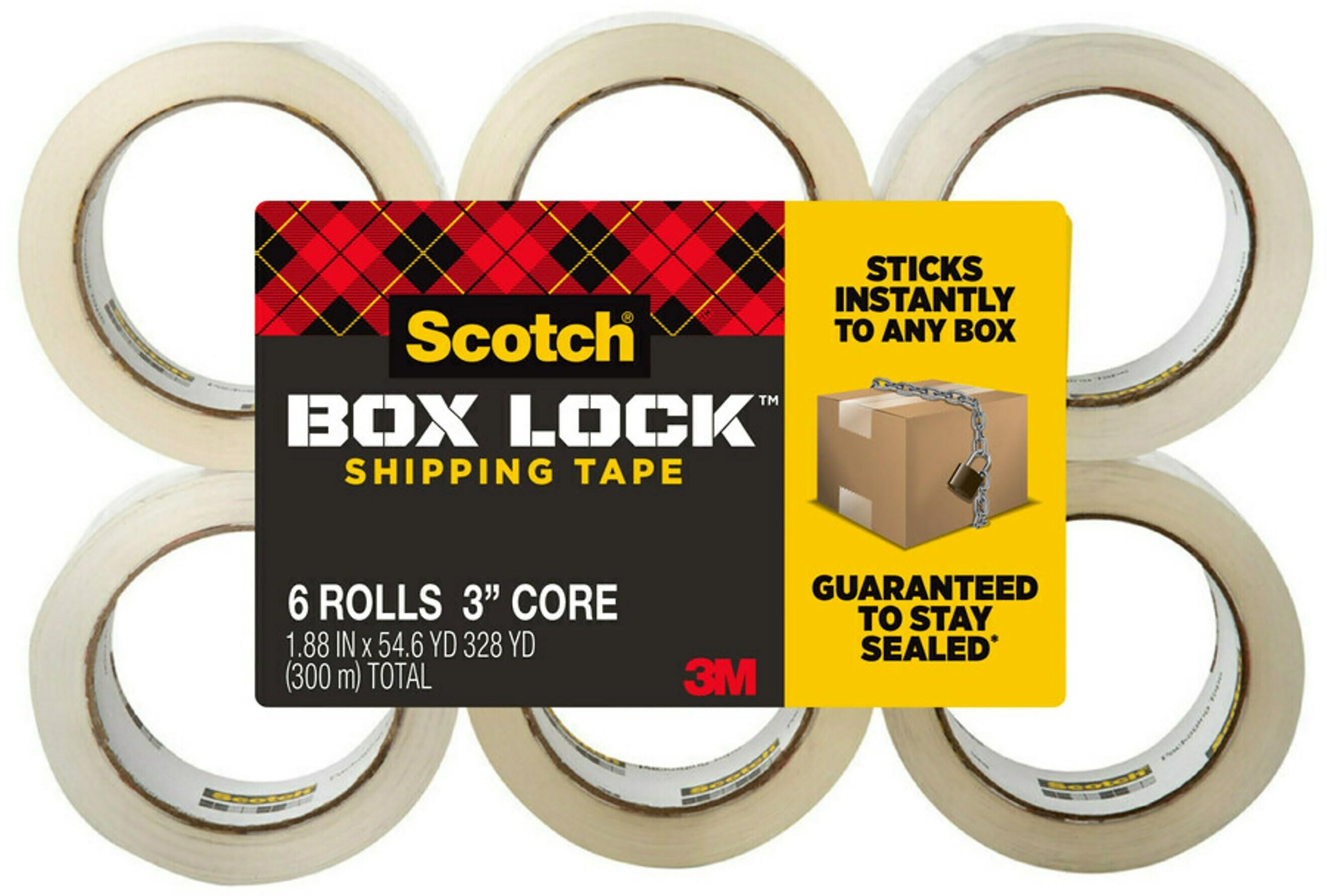 Scotch Box Lock Shipping Packing Tape, 1.88 in x 54.6 yds., Clear, 6/Pack