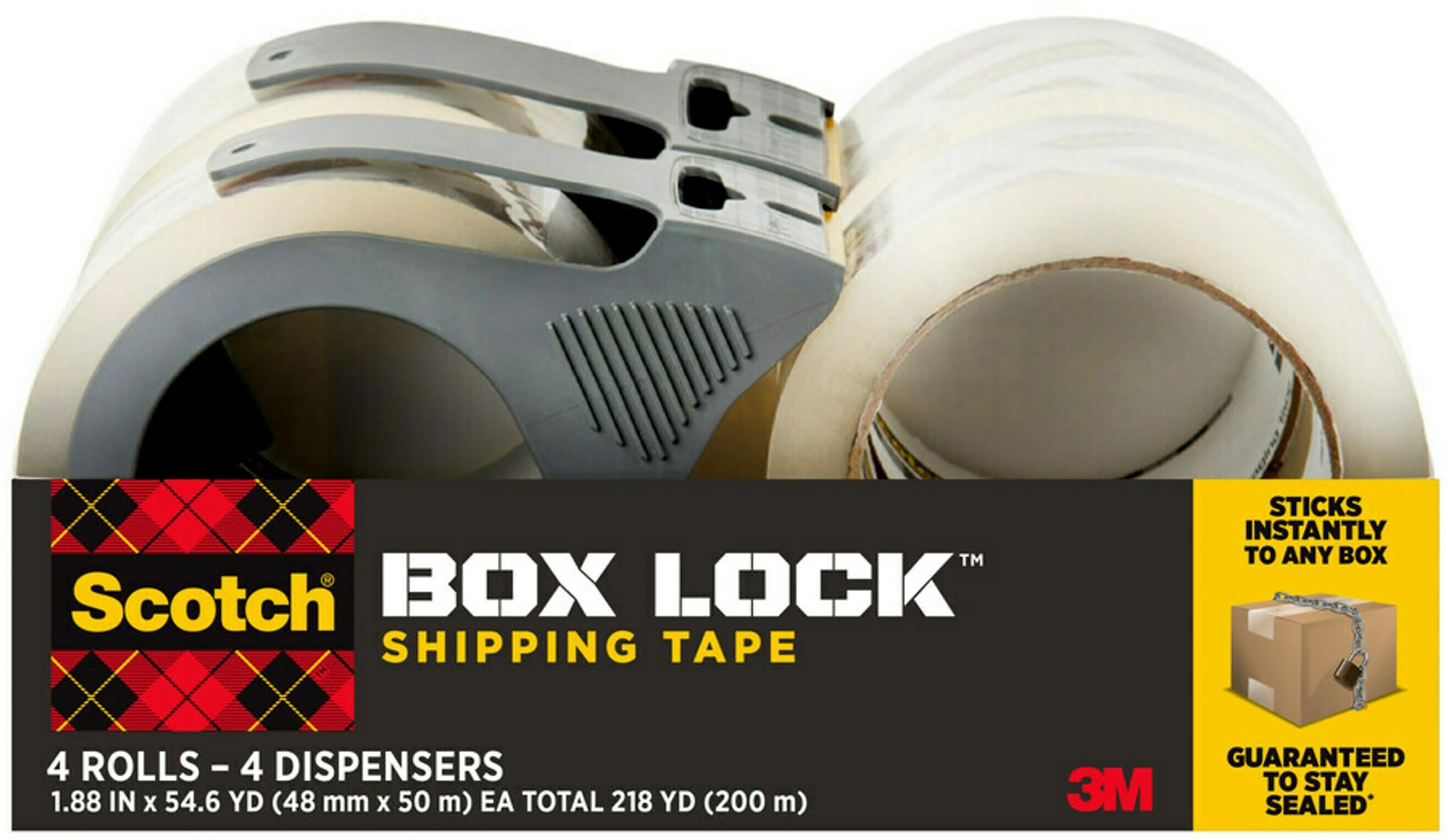 Scotch Box Lock Shipping Packing Tape with Refillable Dispensers, 1.88 in x 54.6 yd, Clear, 4/Pack