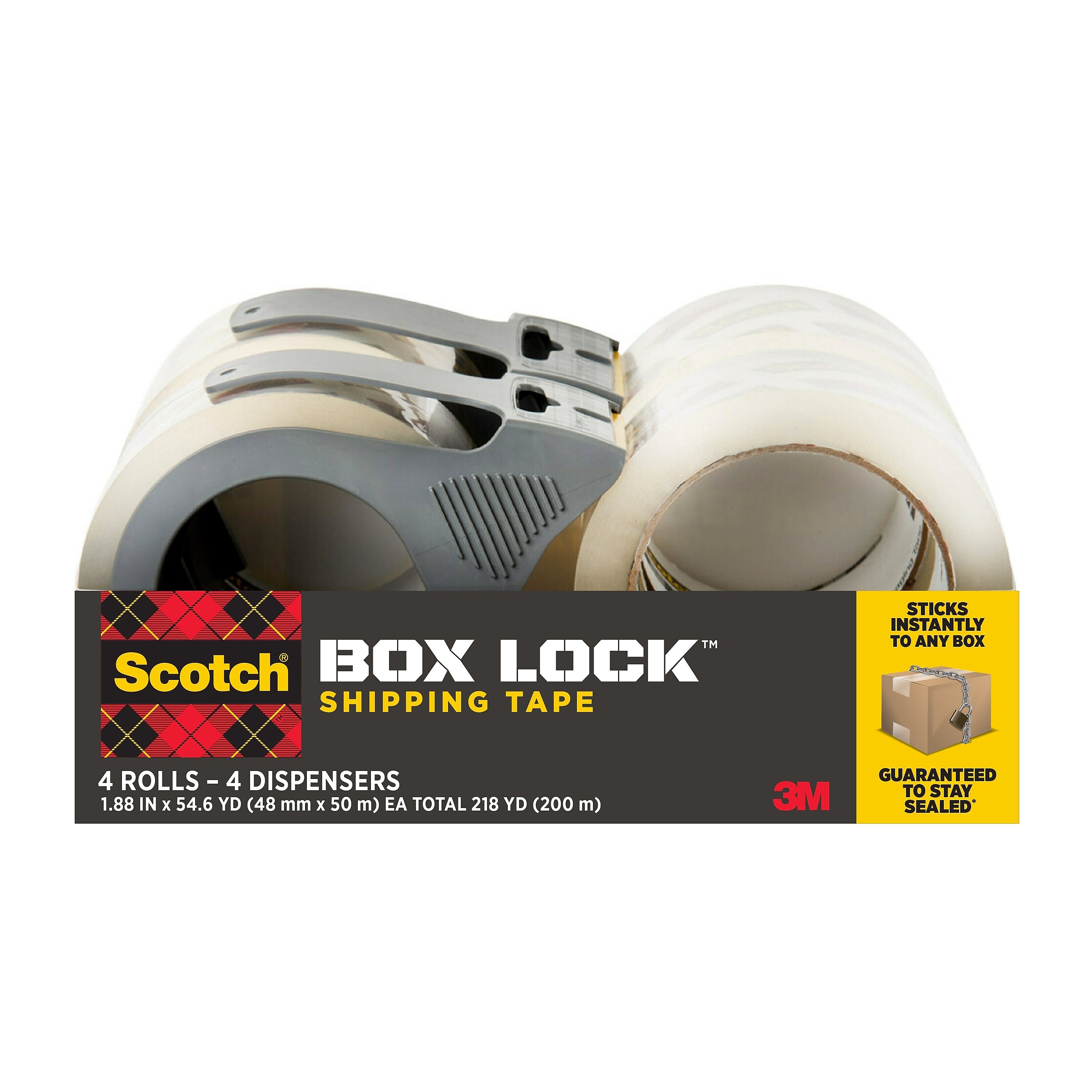 Scotch Box Lock Shipping Packing Tape with Refillable Dispensers, 1.88 in x 54.6 yd, Clear, 4/Pack
