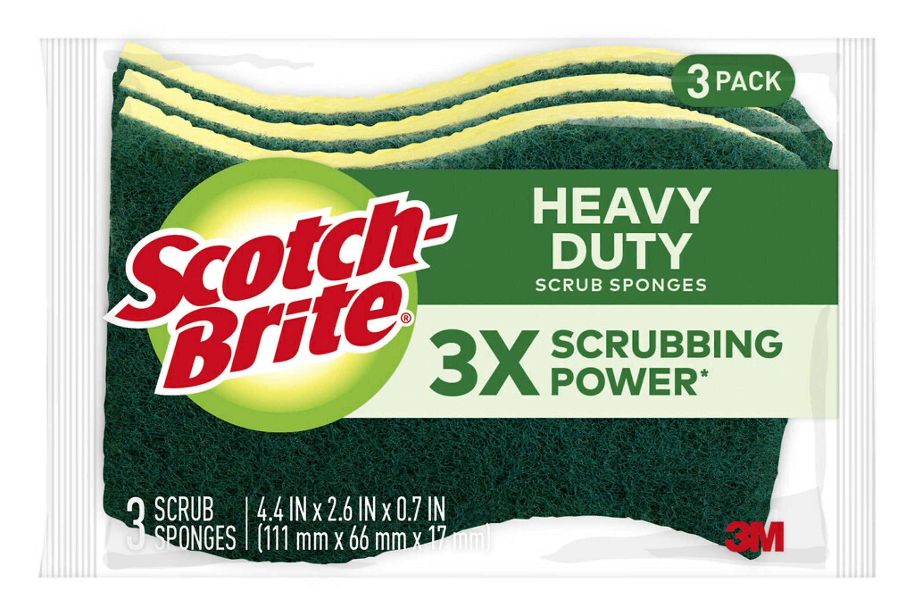 Scotch-Brite Heavy Duty Sponge with Scrubber, Green/Yellow, 3 Sponges/Pack