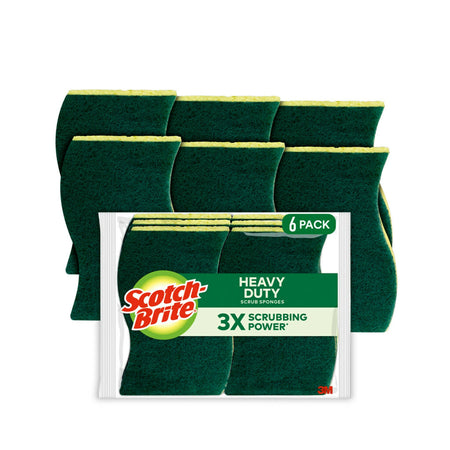 Scotch-Brite Heavy Duty Sponge with Scrubber, Green/Yellow, 6 Sponges/Pack