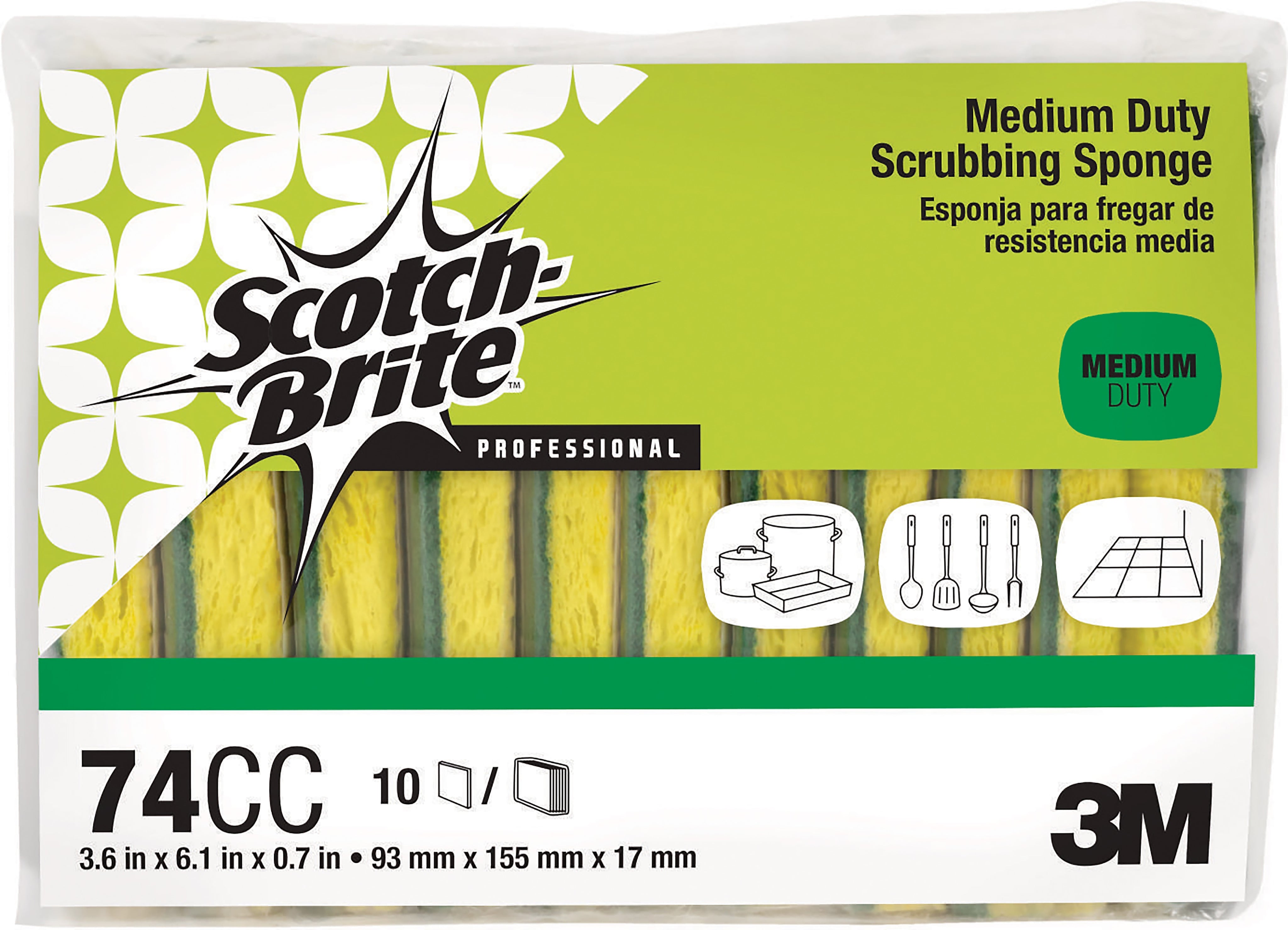 Scotch-Brite Medium Duty Scrub Sponge, Green/Yellow, 10/Pack