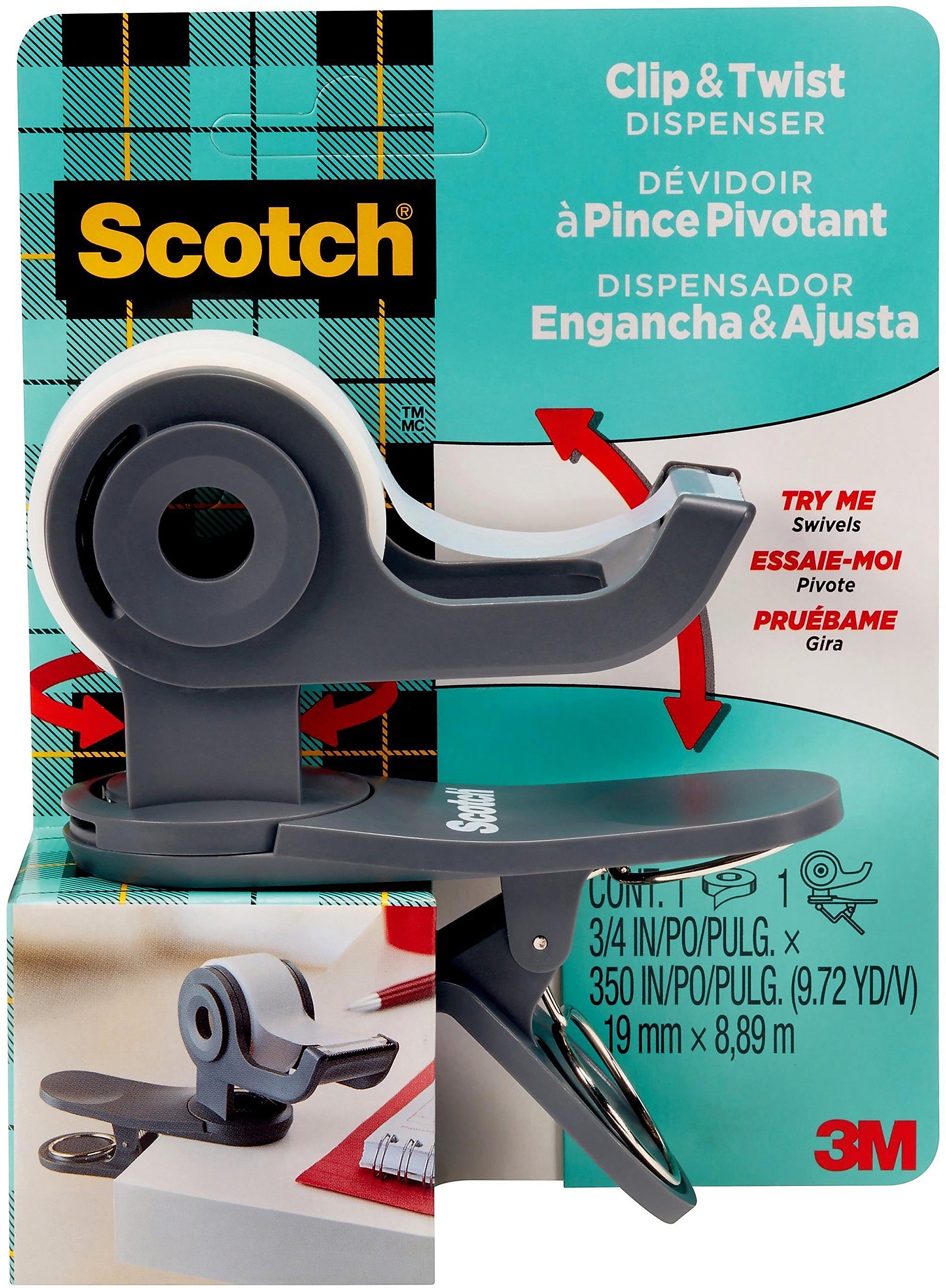 Scotch Clip & Twist Desktop Tape Dispenser, Gray