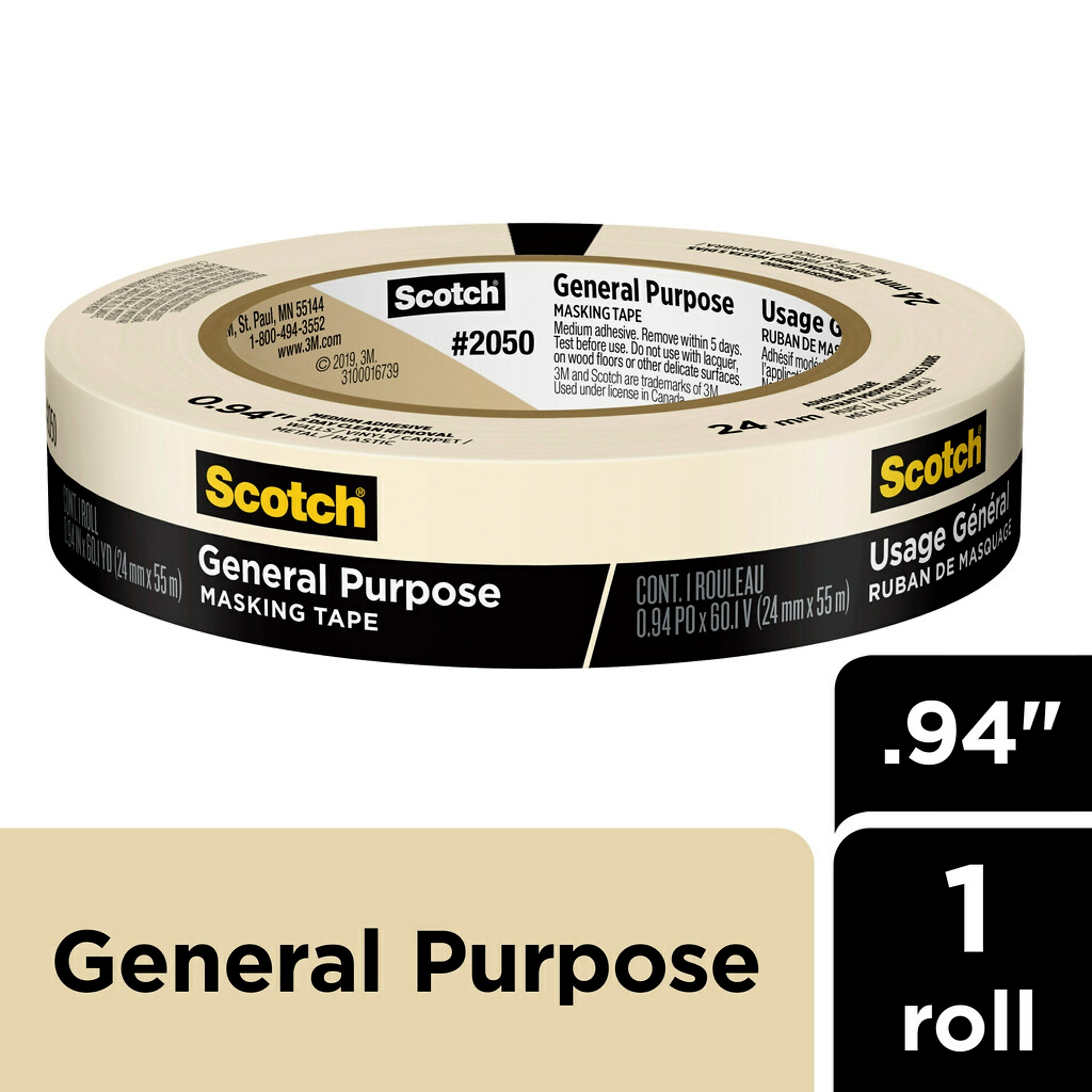 Scotch® General Purpose Masking Tape, Tan, 0.94 in x 60.1 yd