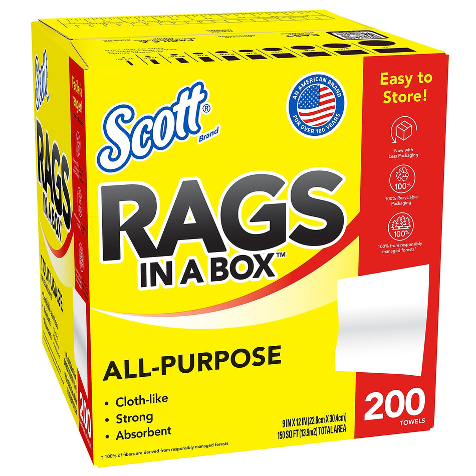 Scott Rags In a Box Cleaning Rags, White, 200 Rags/Box