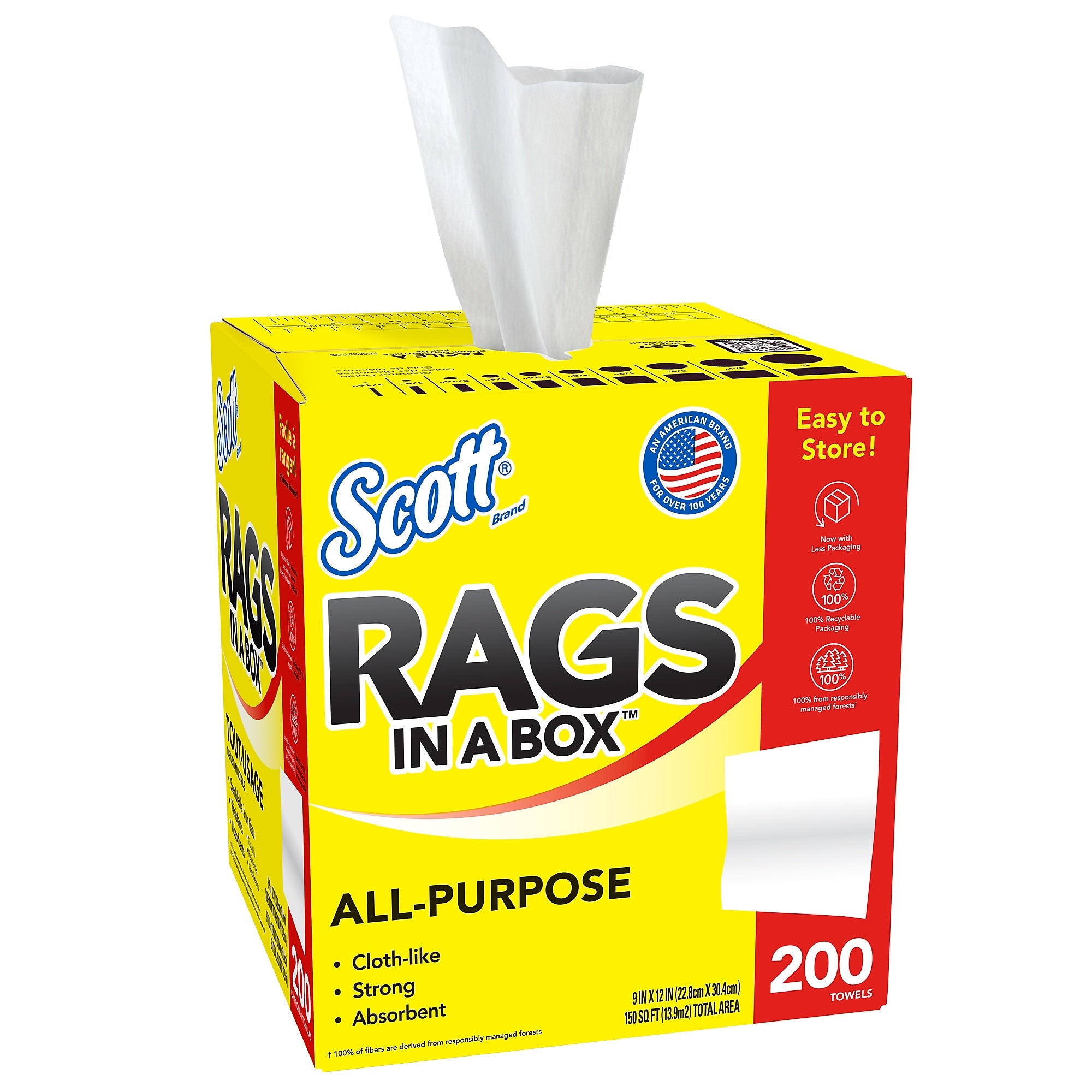 Scott Rags In a Box Fabric Wipers, White, 200 Wipers/Box, 8 Boxes/Carton