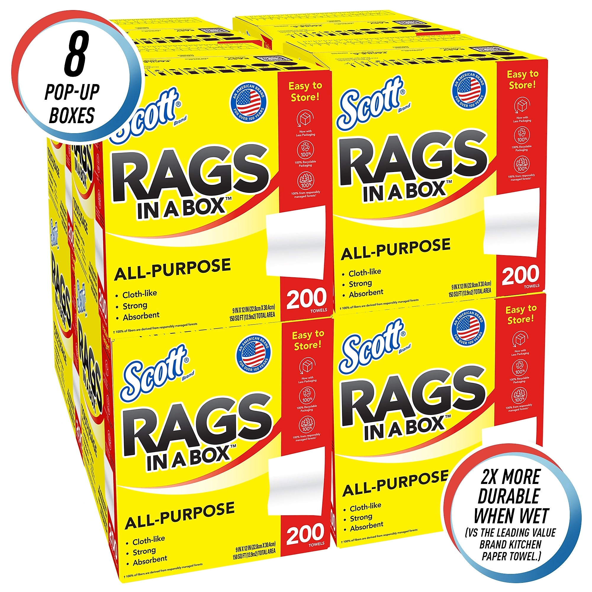 Scott Rags In a Box Fabric Wipers, White, 200 Wipers/Box, 8 Boxes/Carton
