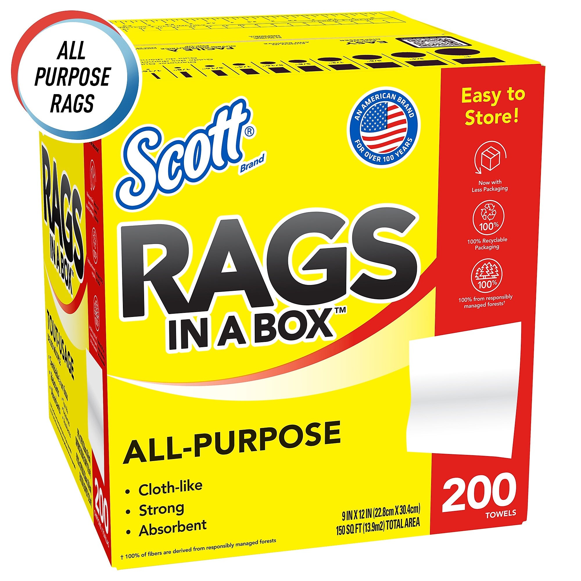 Scott Rags In a Box Fabric Wipers, White, 200 Wipers/Box, 8 Boxes/Carton