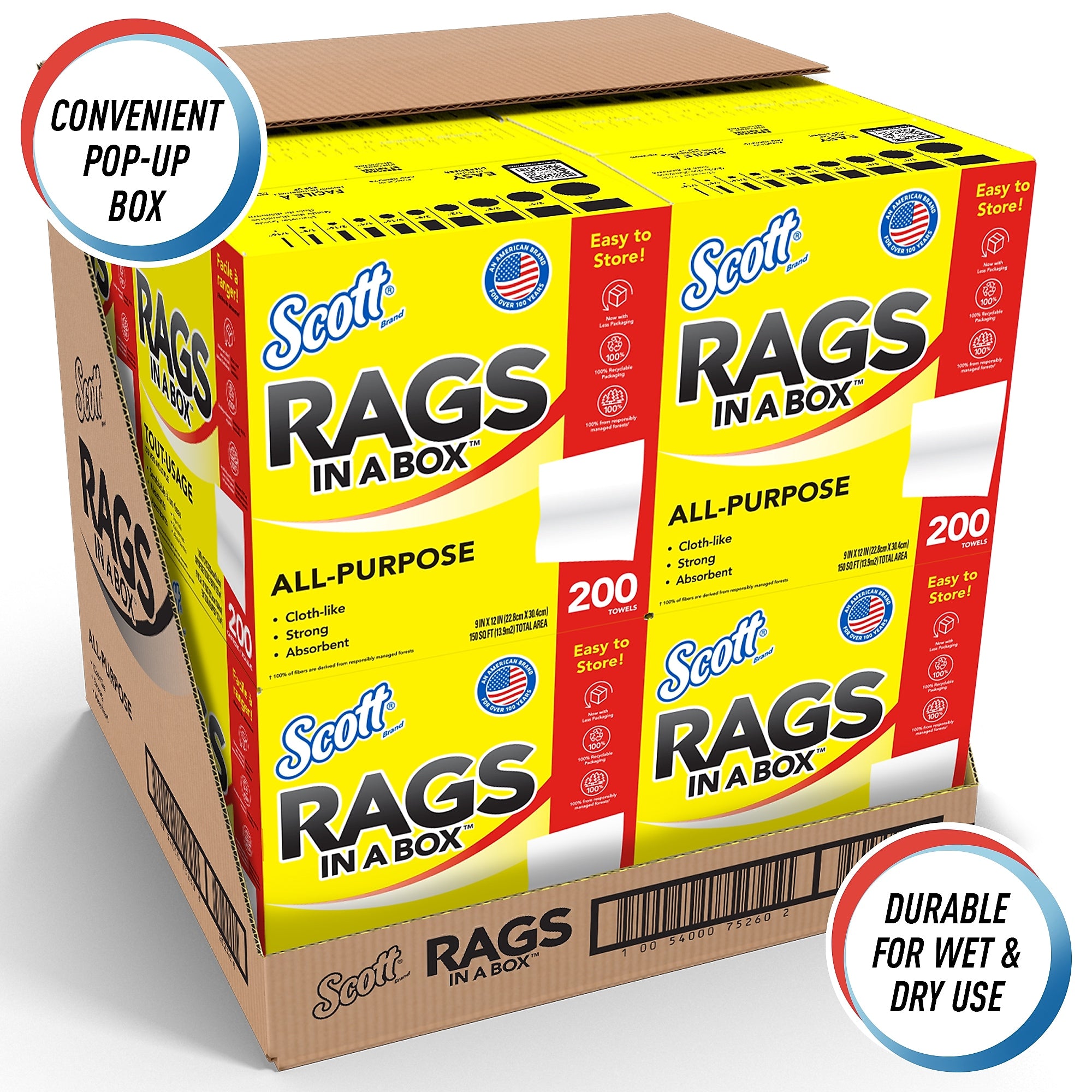 Scott Rags In a Box Fabric Wipers, White, 200 Wipers/Box, 8 Boxes/Carton