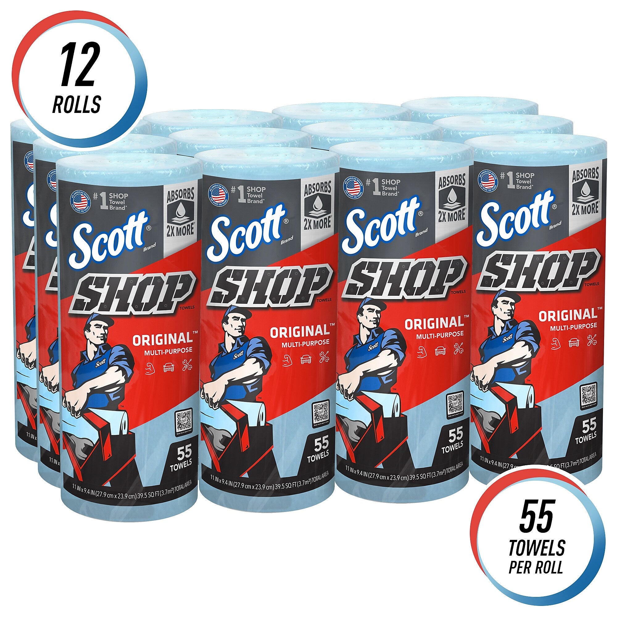 Scott Shop Original Paper Wipers, Blue, 55 sheets/Roll, 12 Rolls/Carton