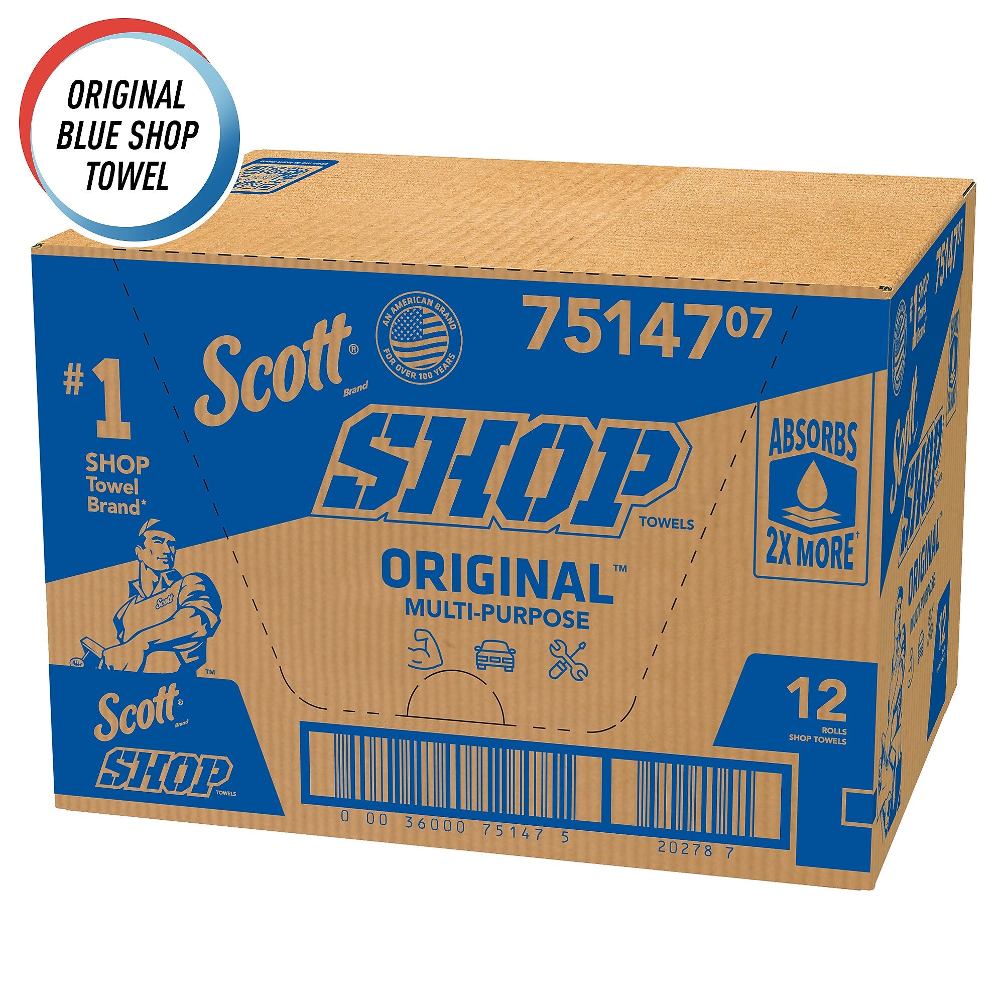 Scott Shop Original Paper Wipers, Blue, 55 sheets/Roll, 12 Rolls/Carton