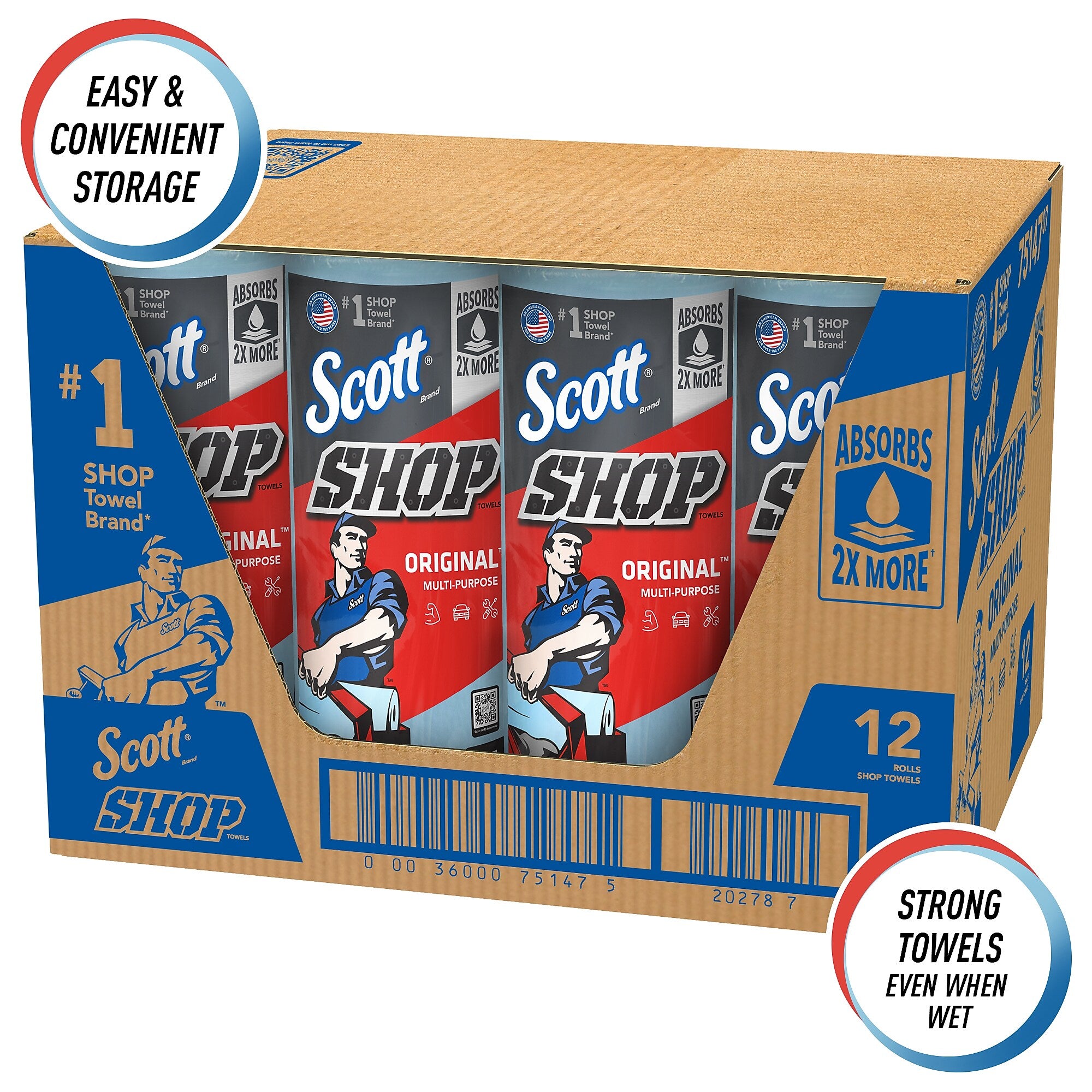 Scott Shop Original Paper Wipers, Blue, 55 sheets/Roll, 12 Rolls/Carton