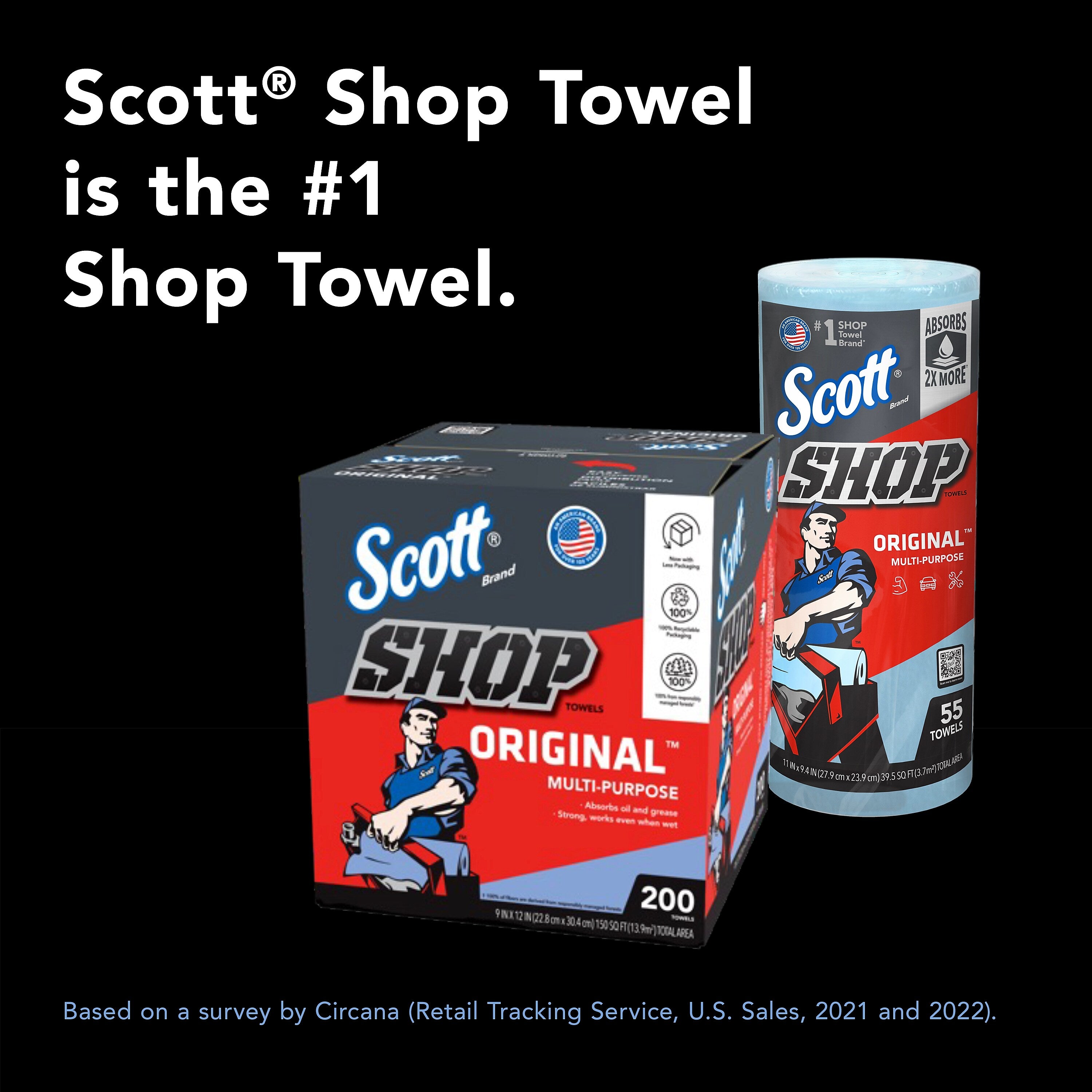 Scott Shop Original Paper Wipers, Blue, 55 sheets/Roll, 12 Rolls/Carton