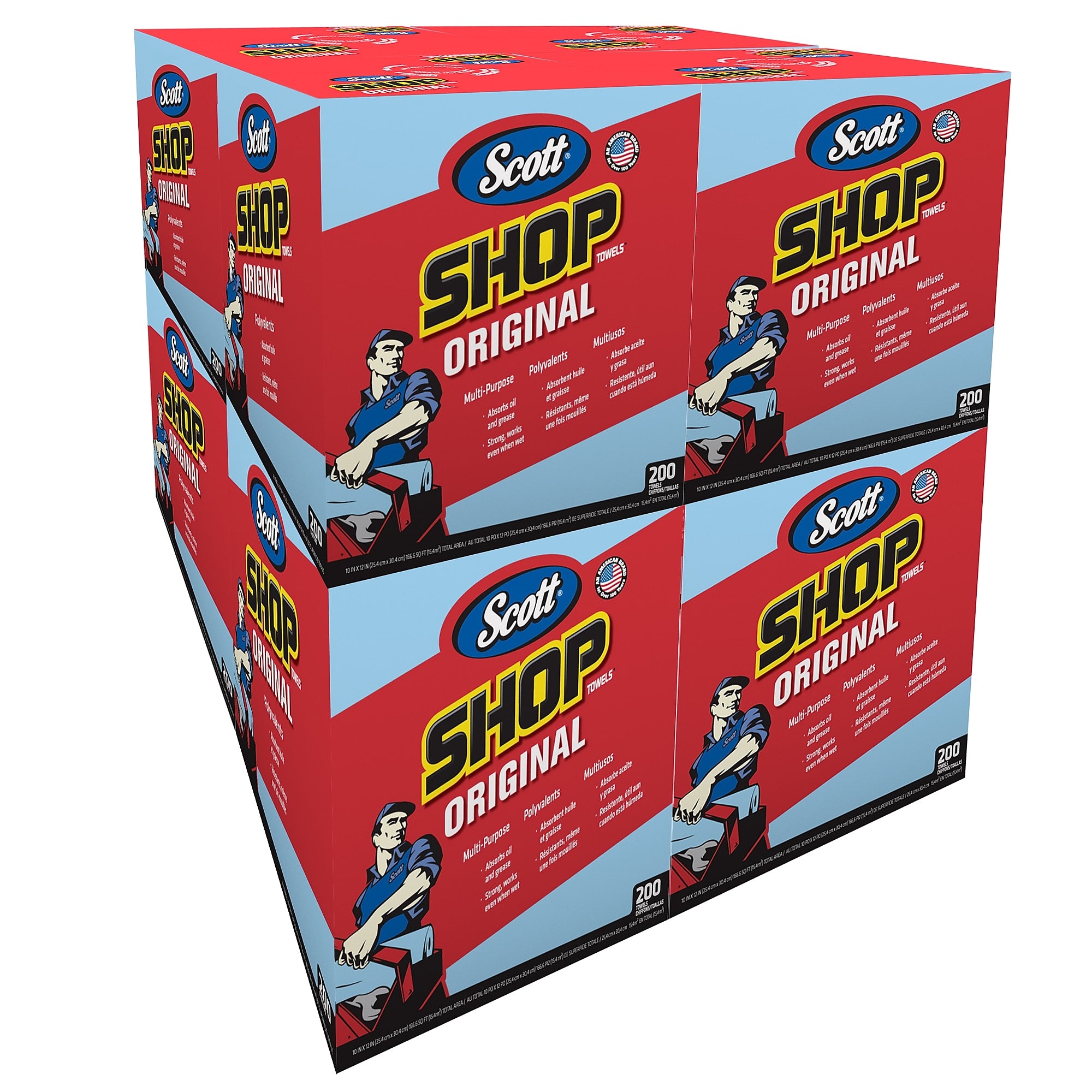 Scott Shop Towels Wipers, Blue, 200 Wipers/Box, 8 Boxes/Carton
