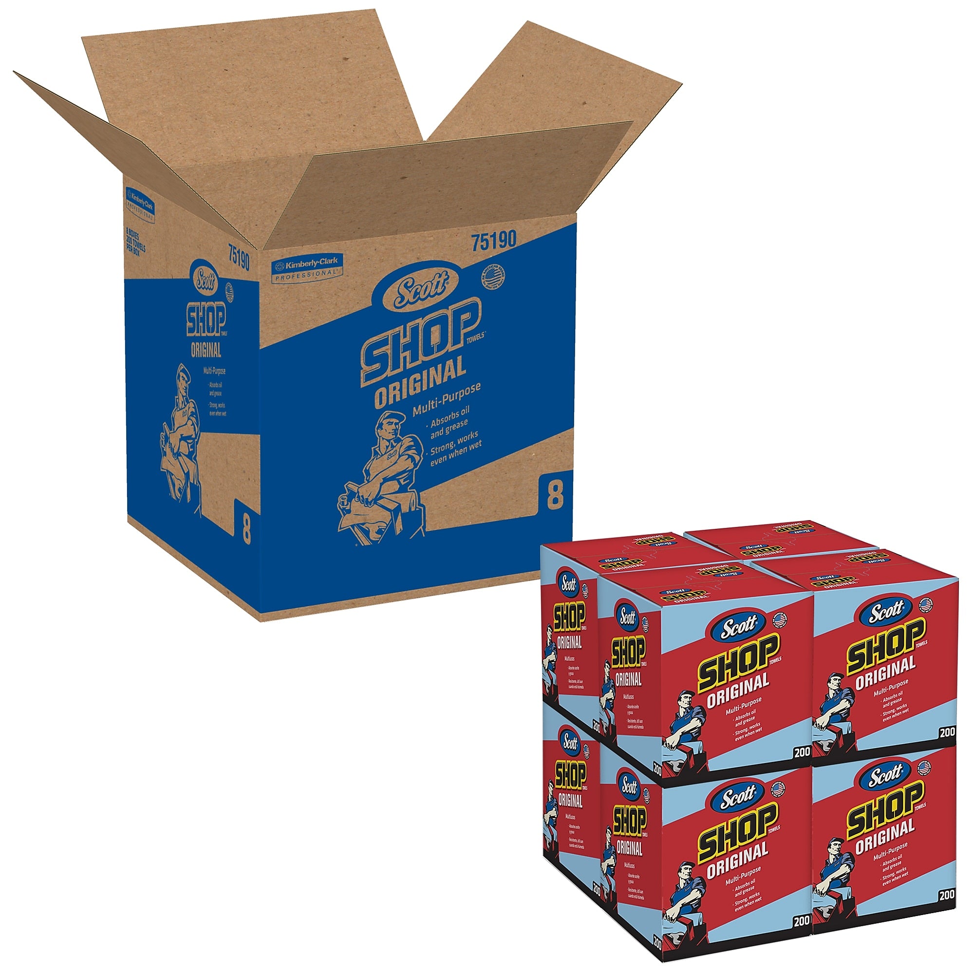 Scott Shop Towels Wipers, Blue, 200 Wipers/Box, 8 Boxes/Carton