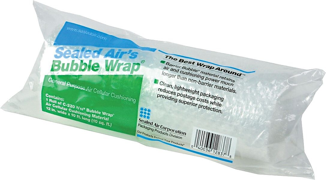 Sealed Air Bubble Cushioning Material, 12" x 10' Roll, 3/16" Bubble, Clear