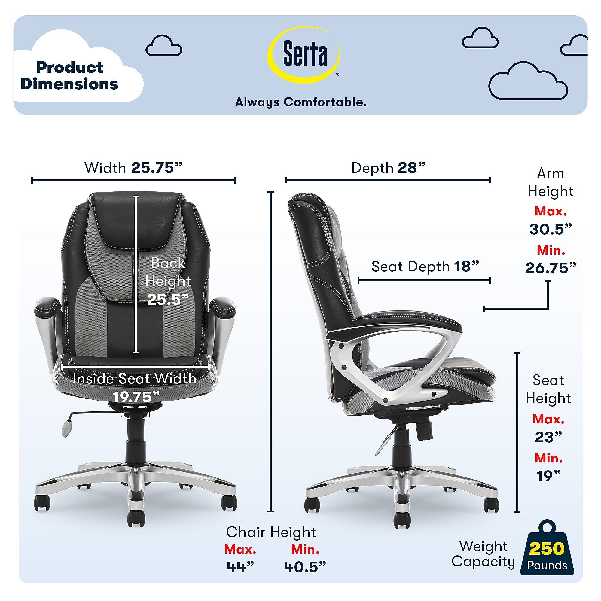 Serta Amplify Ergonomic Faux Leather/Mesh Swivel Executive Chair, Gray