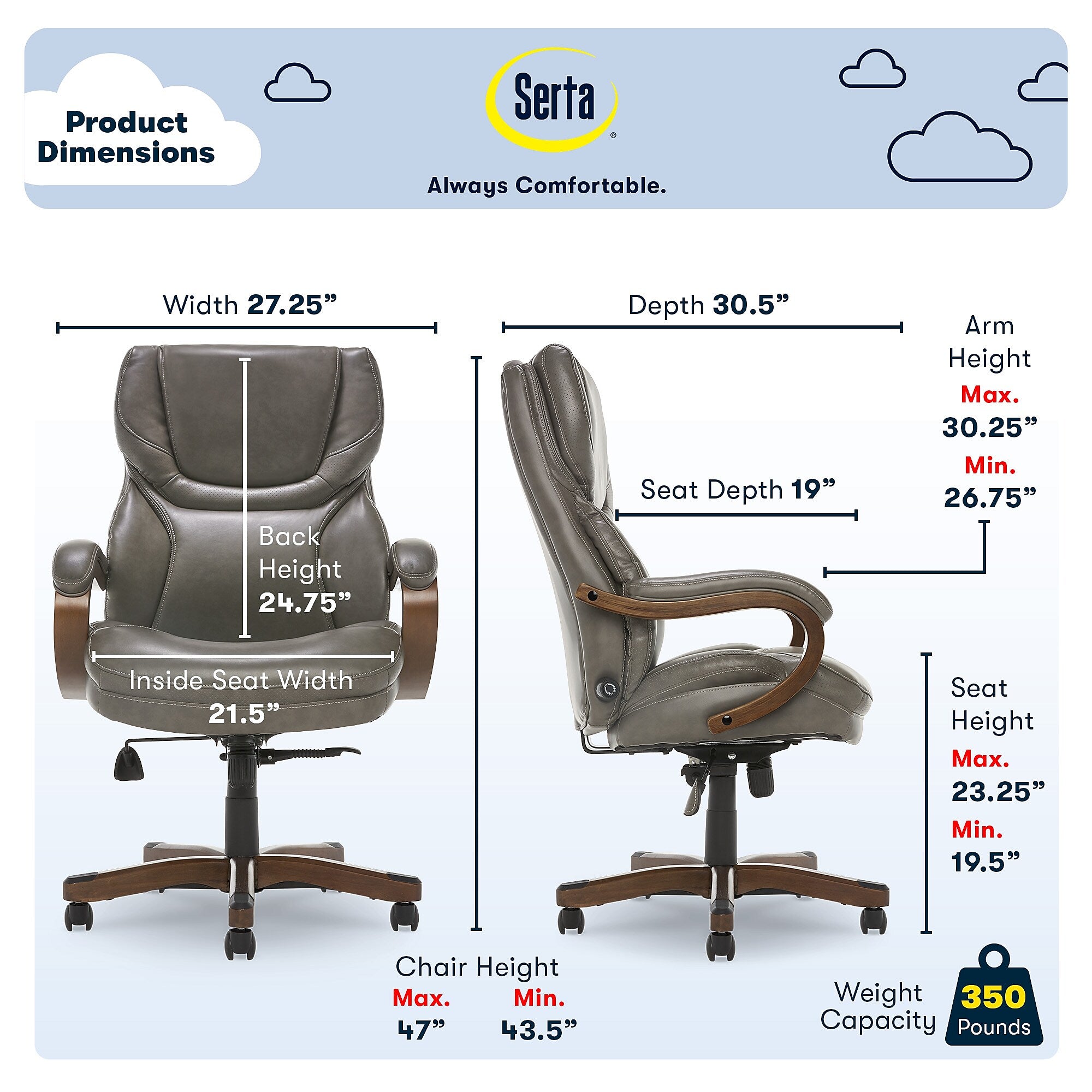 Serta Big and Tall Ergonomic Bonded Leather Swivel Executive Chair, Gray