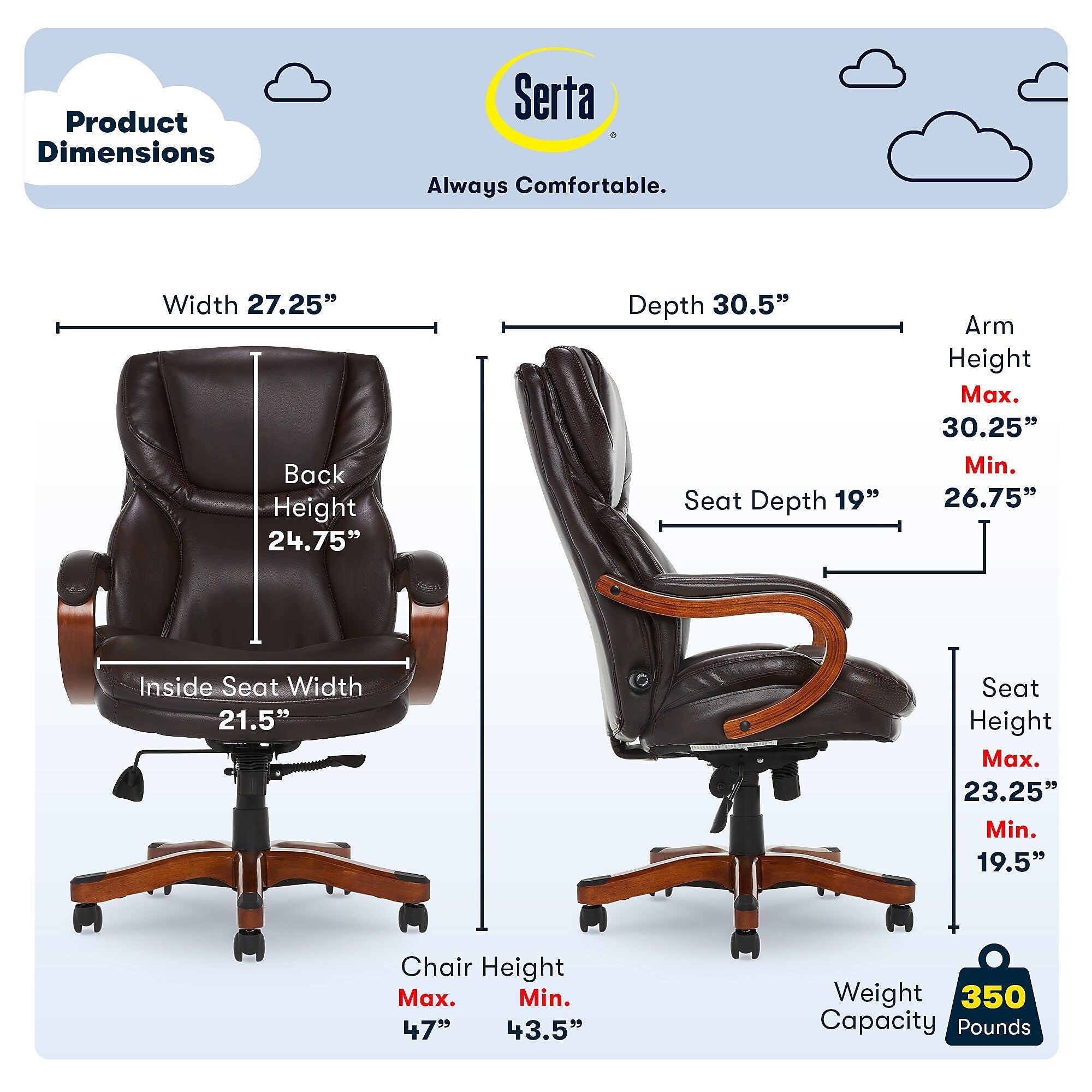 Serta Big and Tall Ergonomic Bonded Leather Swivel Executive Chair, Light Brown