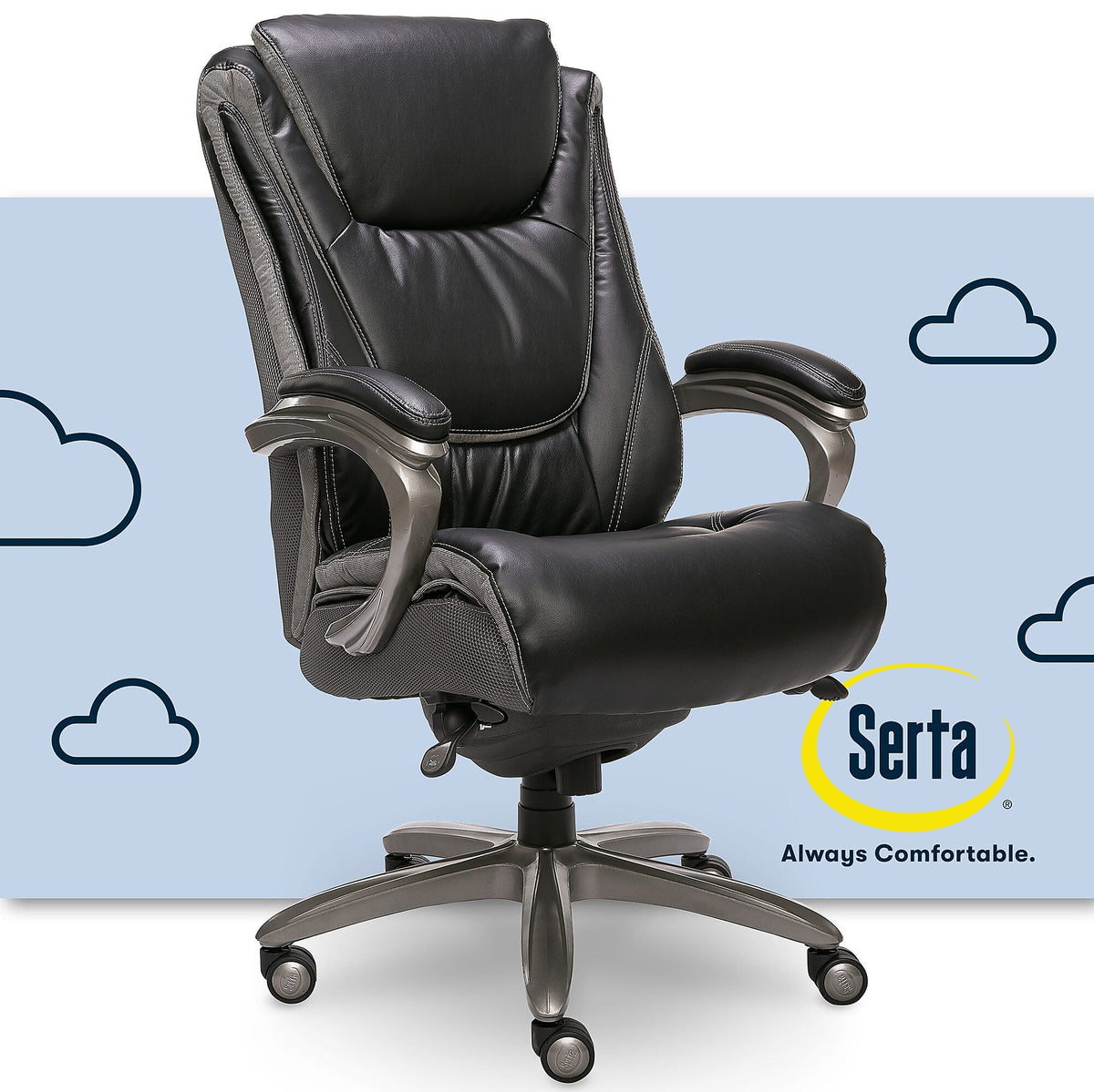 Serta Big & Tall Ergonomic Bonded Leather Swivel Executive Chair, Black/Silver